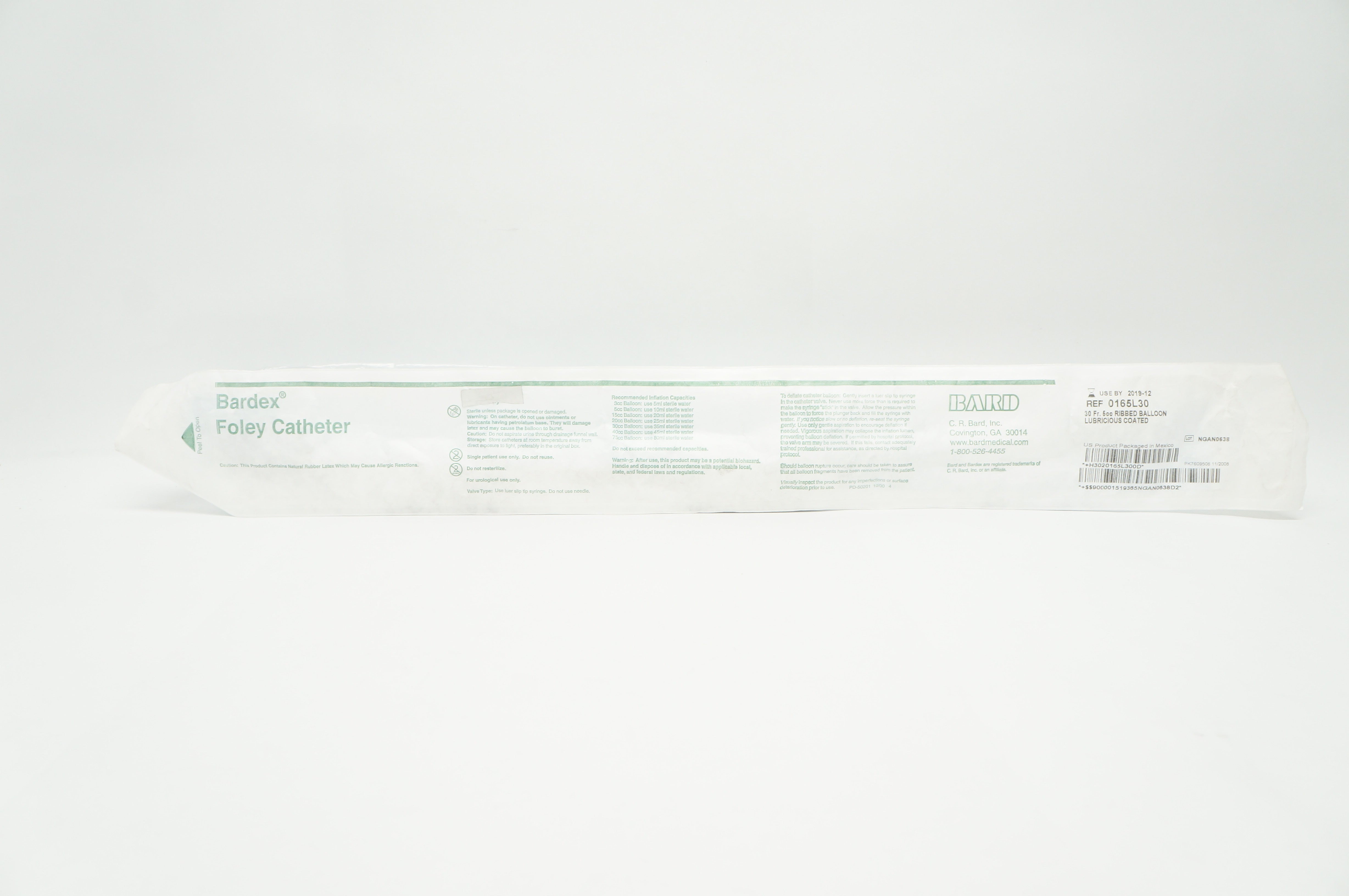 Bard 0165L30 Foley Cath. Ribbed Balloon Lubricious Coated 30Fr. 5cc (x)