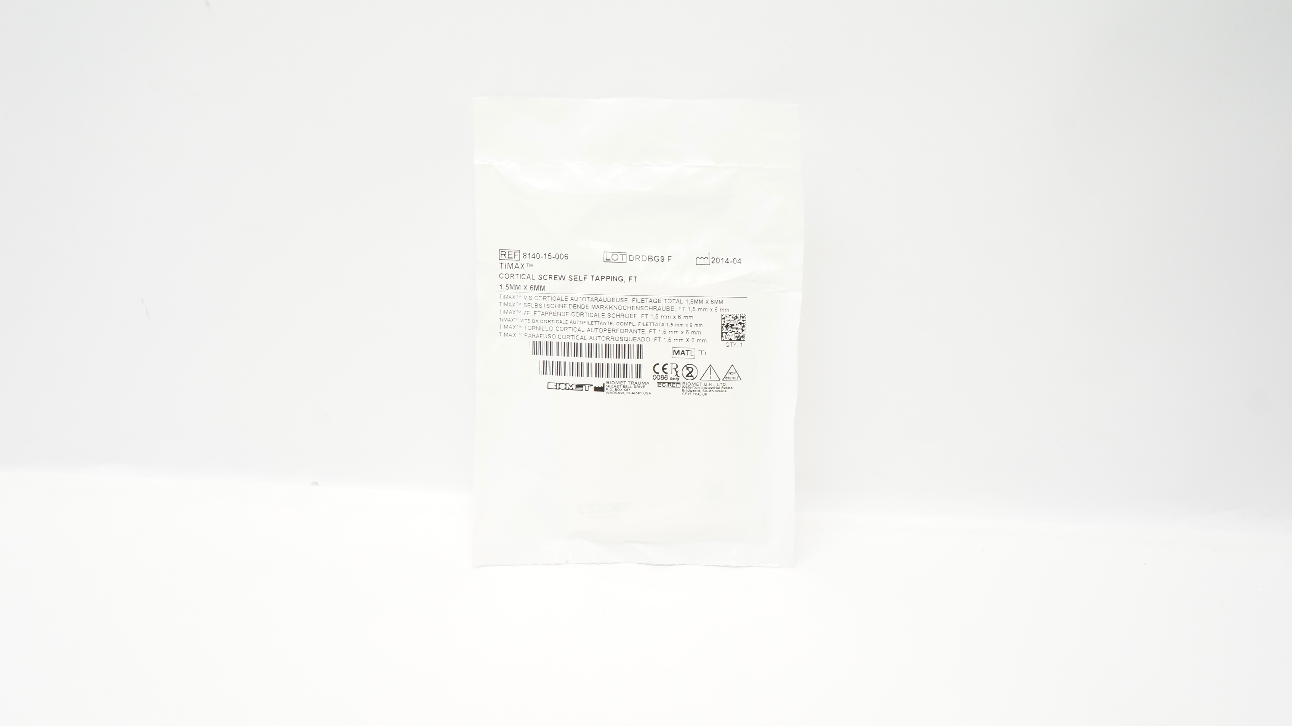 Biomet 8140-15-006 Timax Cortical Screw Self Tapping, FT, 1.5mm x 6mm