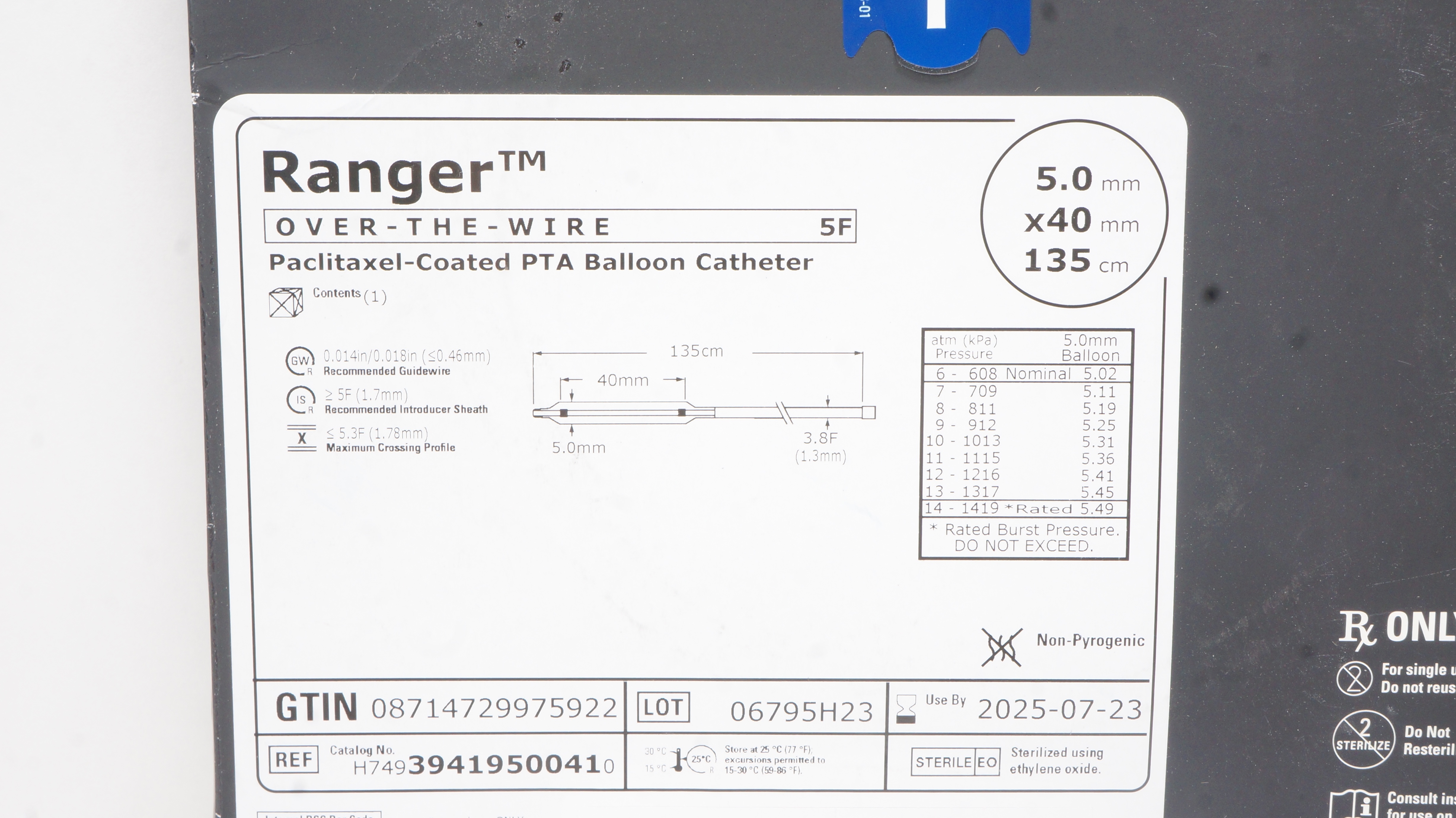 Boston Scientific H74939419500410 Ranger PTA Balloon Cath. 5.0 x 40mm x 135cm