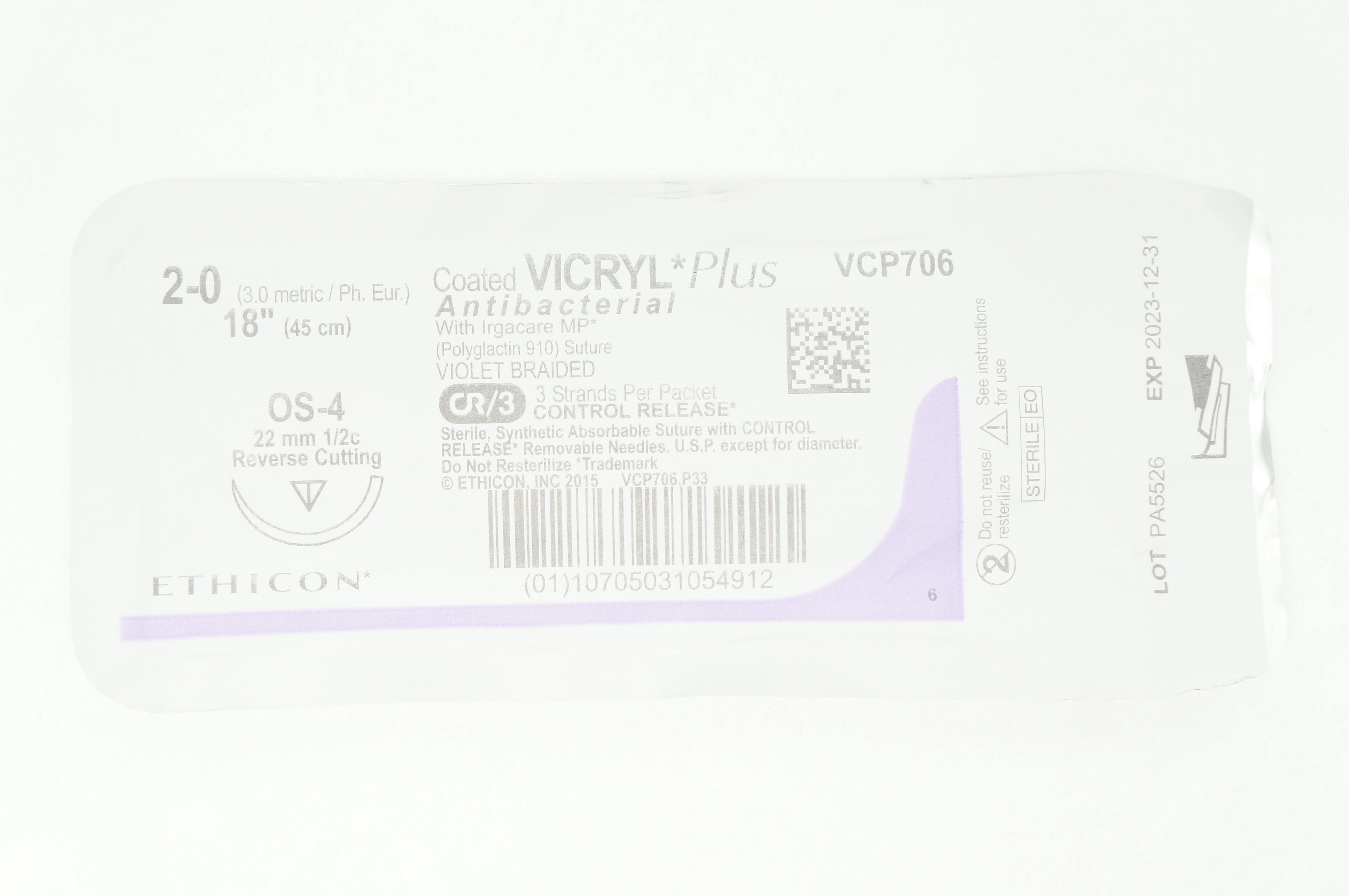 Ethicon VCP706 2-0 VICRYL Plus OS-4, 22mm 1/2c Reverse Cutting, 18inch