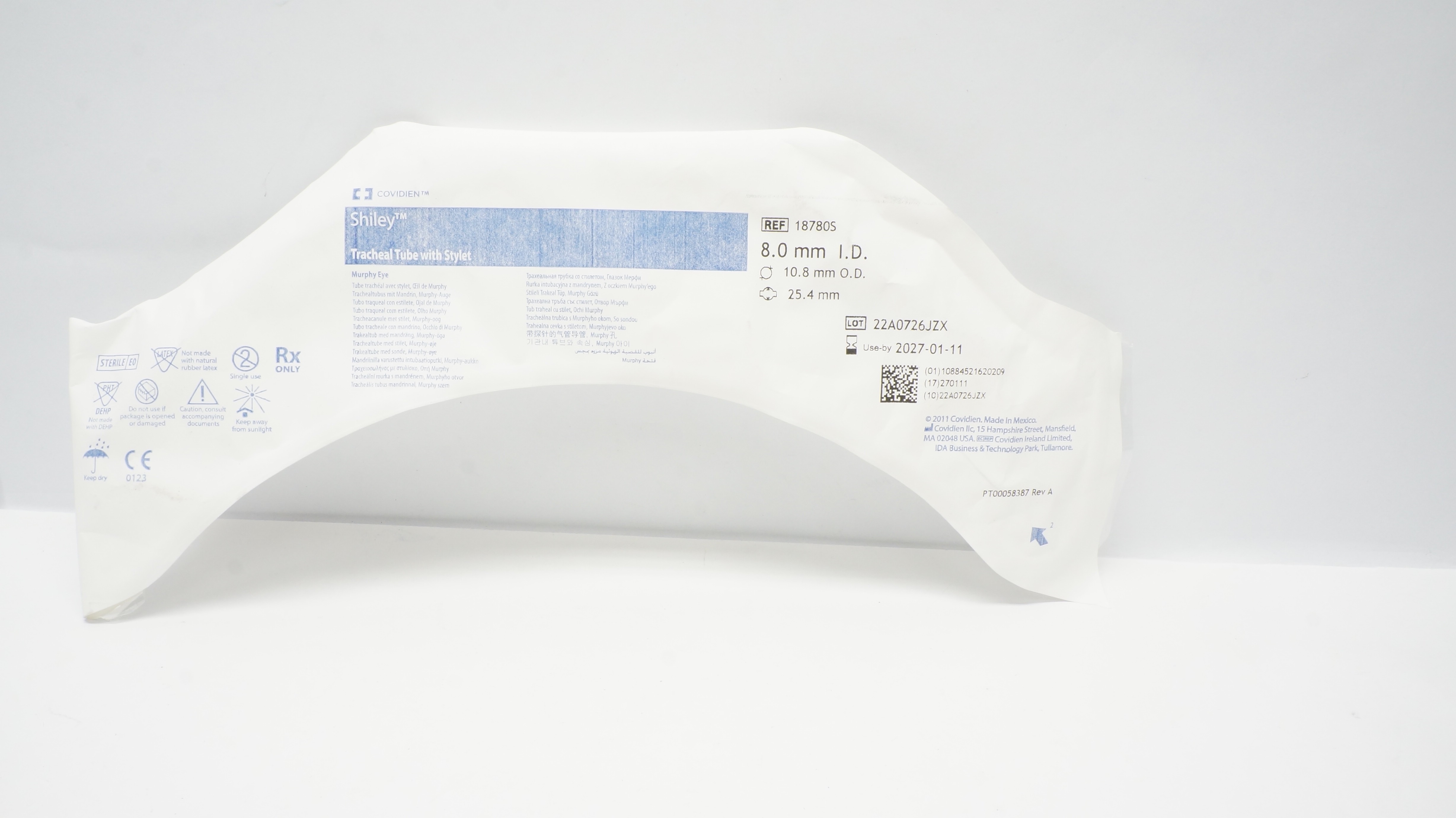 Covidien 18780S Shiley Tracheal Tube With Stylet 8.0mm ID x 10.8mm OD x 25.4mm