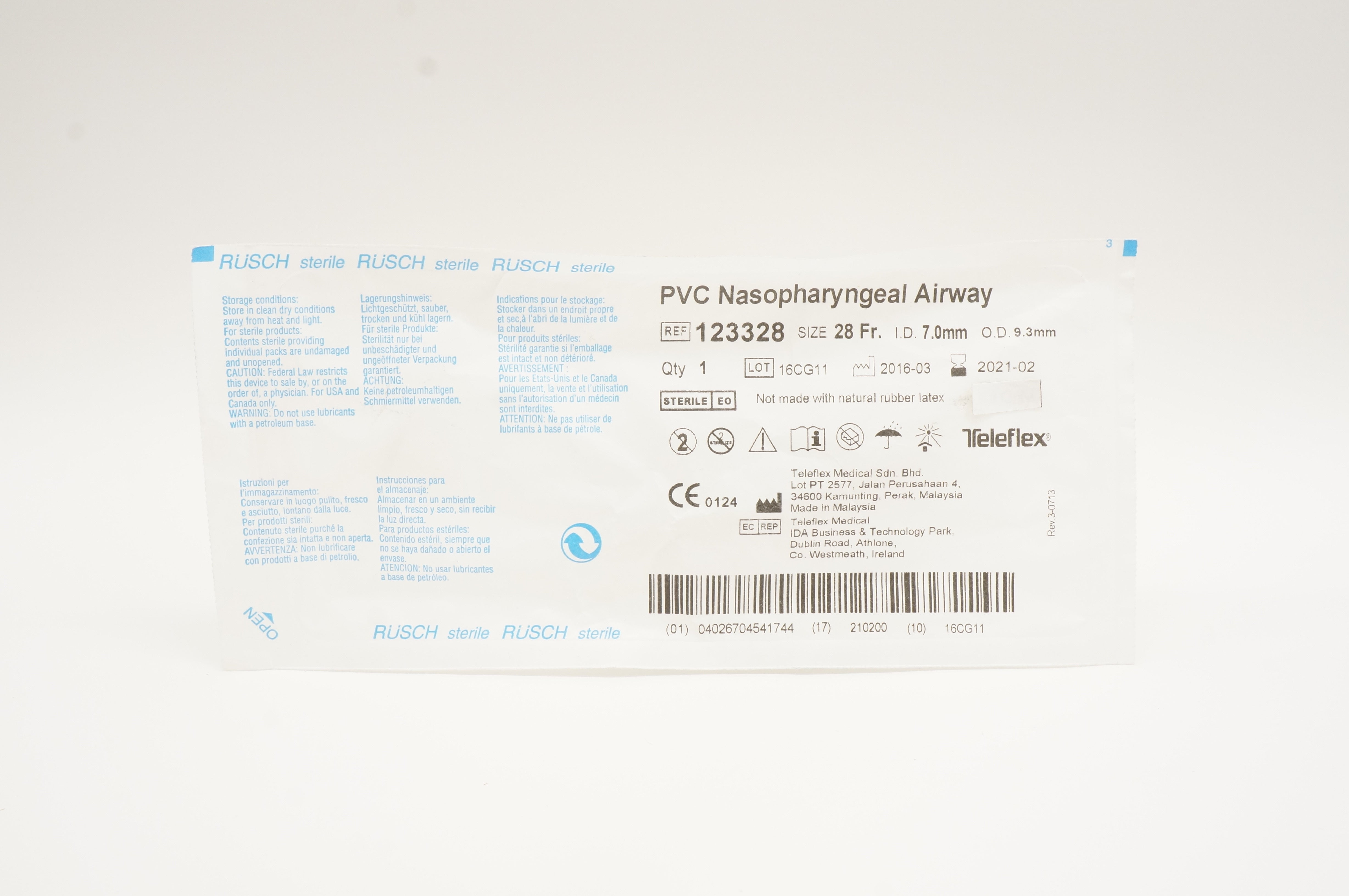Teleflex 123328 PVC Nasopharyngeal Airway 28Fr. ID 7.0mm x OD 9.3mm (x)