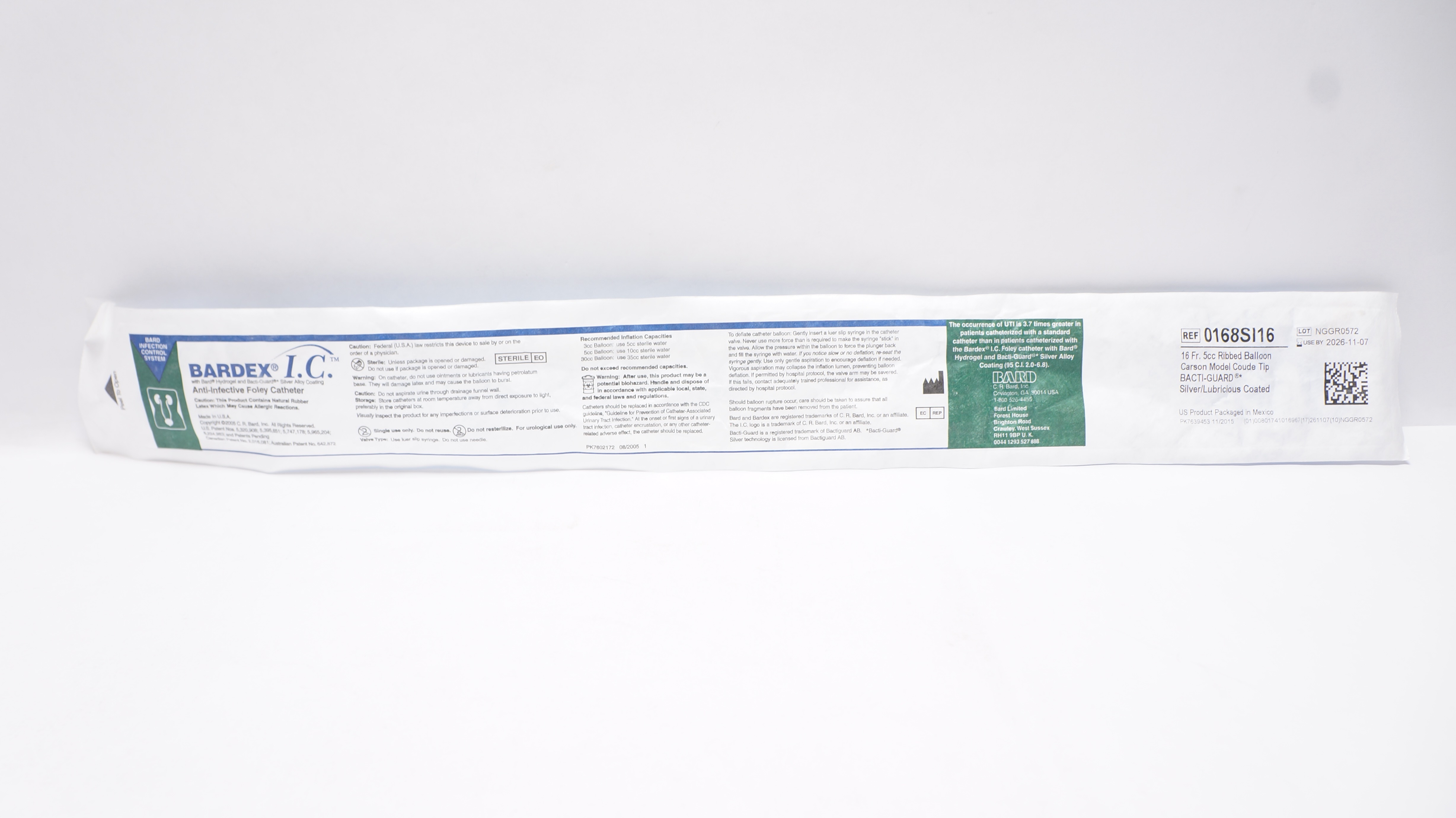 Bard 0168SI16 Bardex I.C. Anti-Infective Foley Cath. 16Fr 5cc Ribbed Balloon