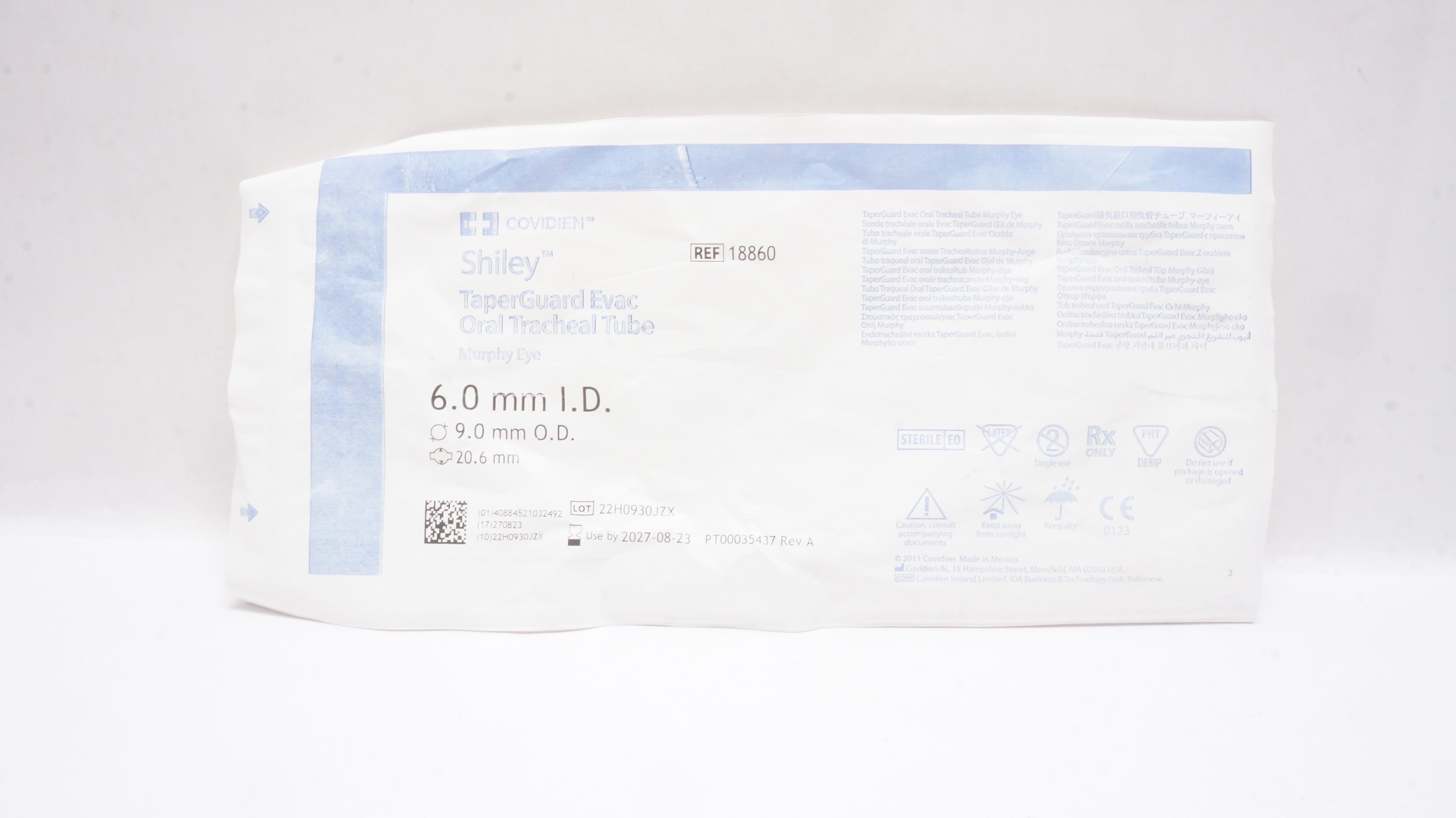 Covidien 18860 Shiley TaperGuard Evac Oral Tracheal Tube 6.0 x 9.0 x 20.6mm