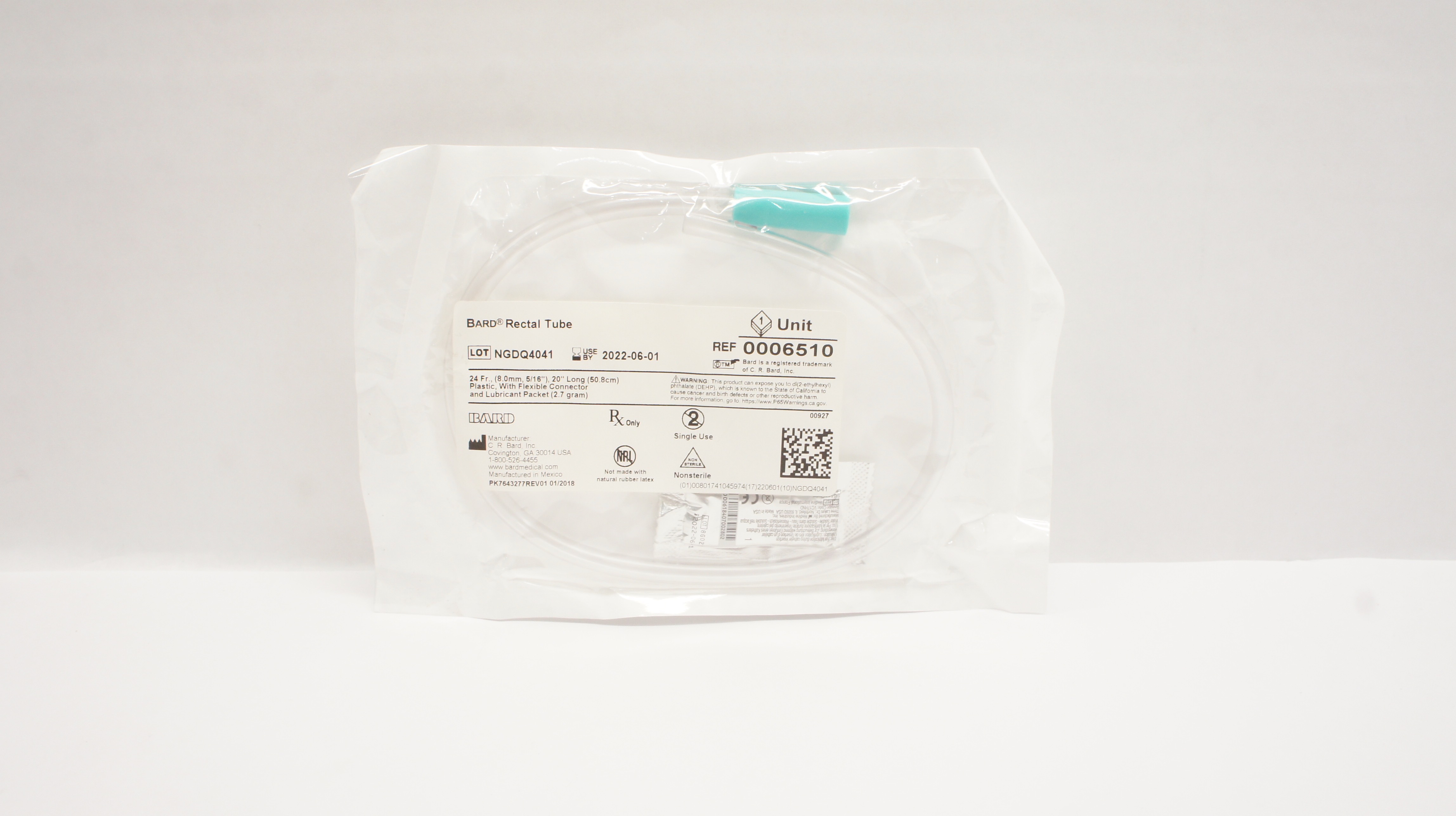 Bard 0006510 Rectal Tube 24Fr x 20 inch Long, w/Connector & Lubricant Packet (x)