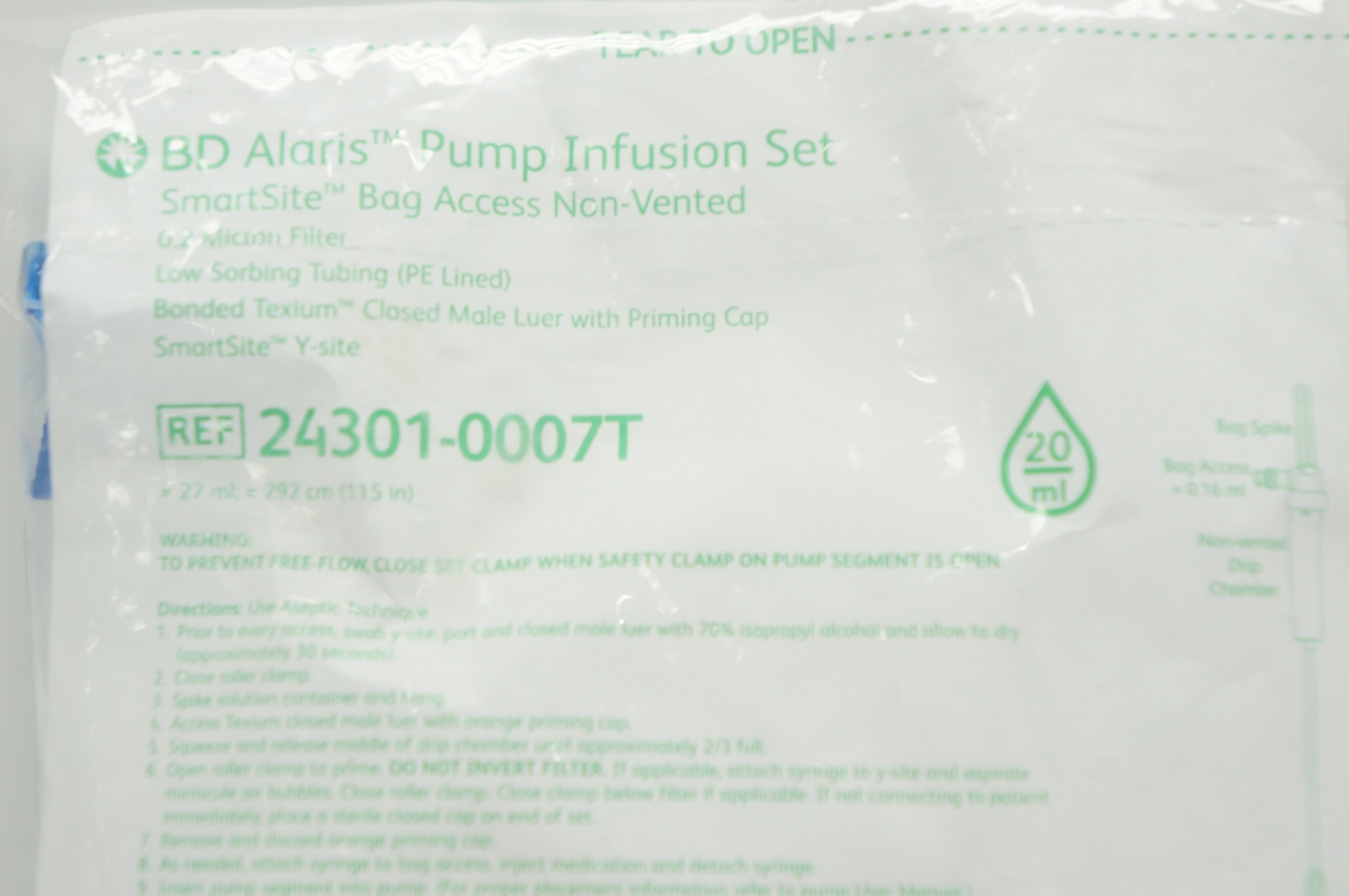 BD 24301-0007T Alaris Pump Infusion Set SmartSite Bag Access 27mL x 115inch (x)