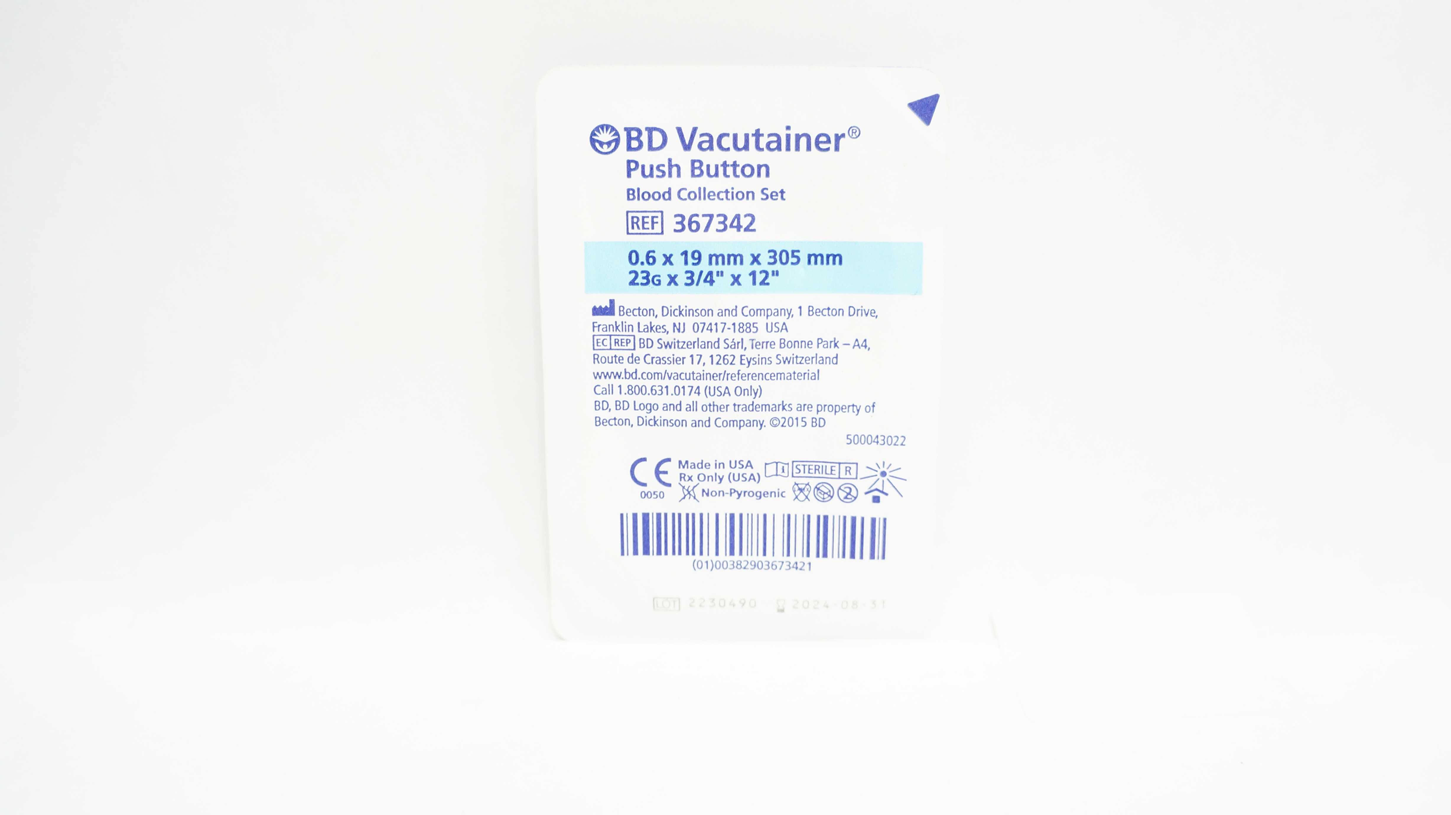 BD 367342 Vacutainer Push Button Blood Collection Set 23G x 3/4inch x 12inch