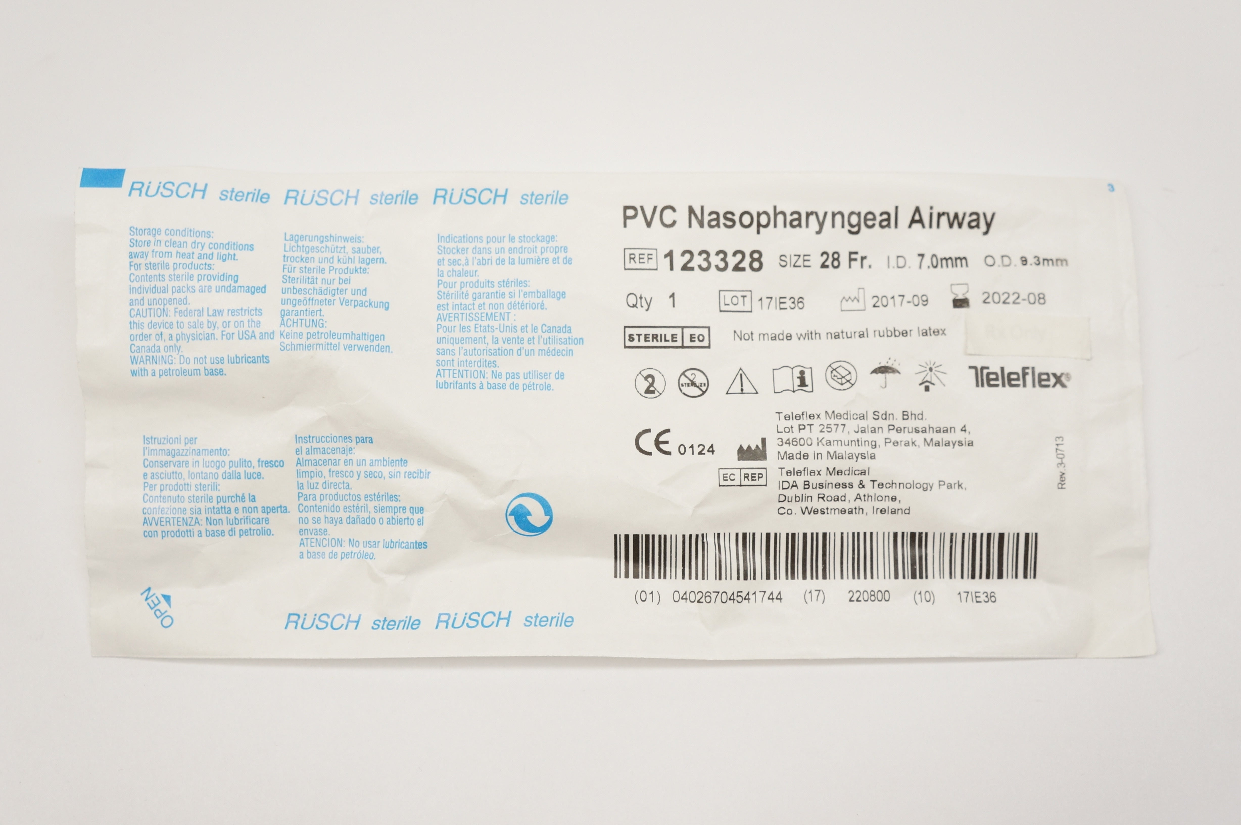 Teleflex 123328 PVC Nasopharyngeal Airway 28Fr. ID 7.0mm OD 9.3mm