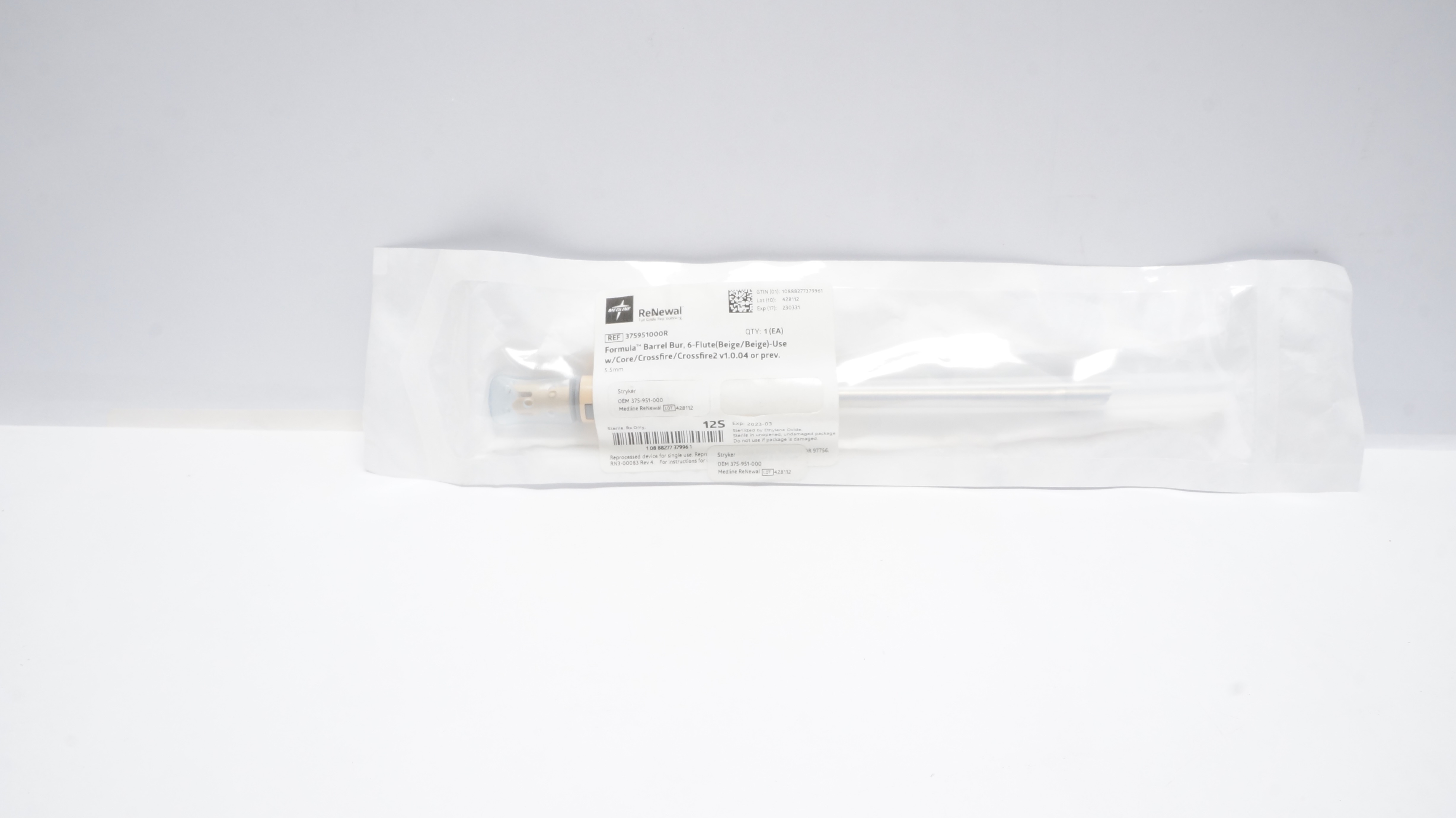 Medline 375951000R ReNewal Formula Barrel Bur, 6-Flute, Beige/Beige 5.5 mm (x)