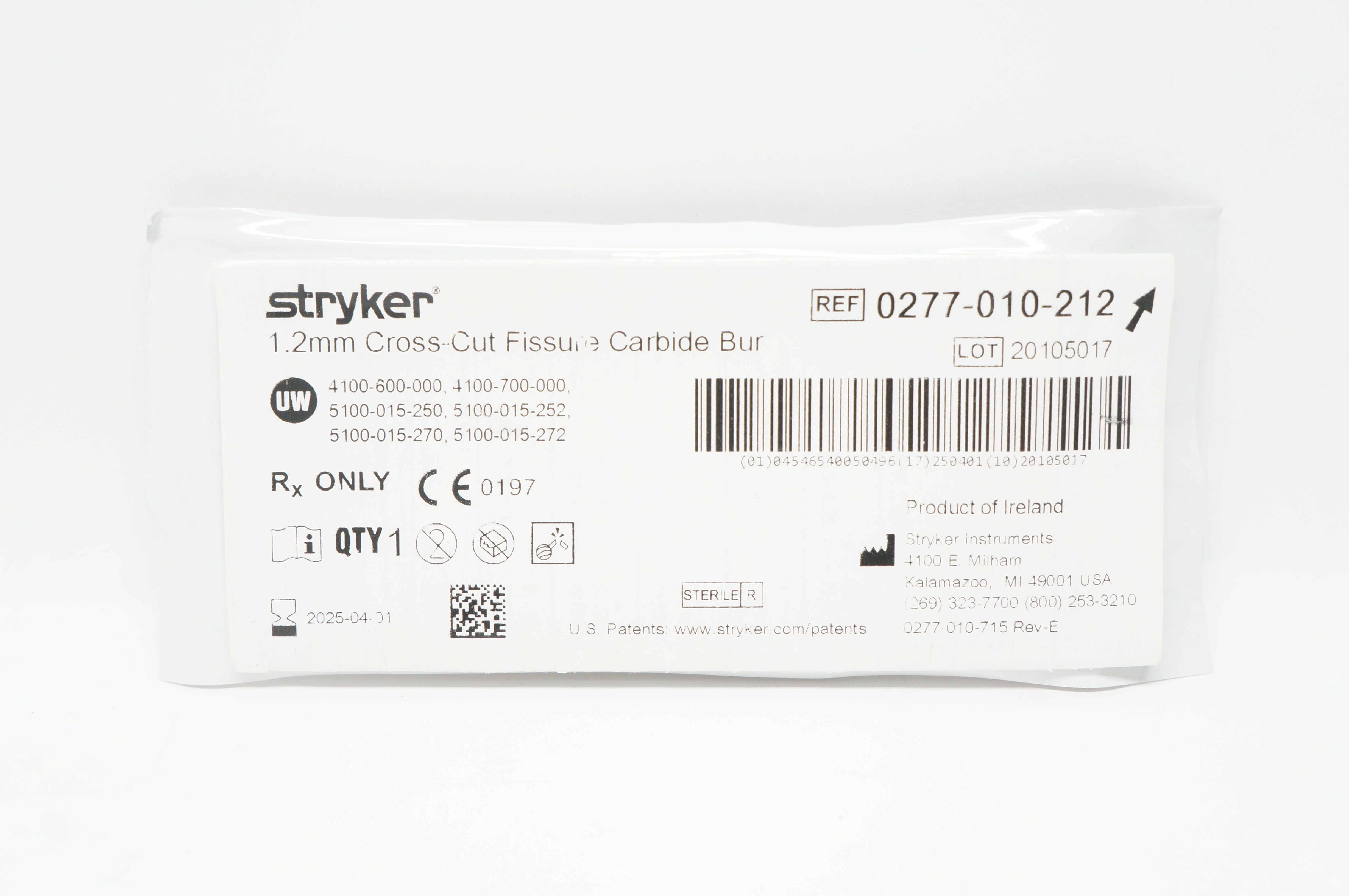 Stryker 0277-010-212 Cross-Cut Fissure Carbide Bur 1.2mm