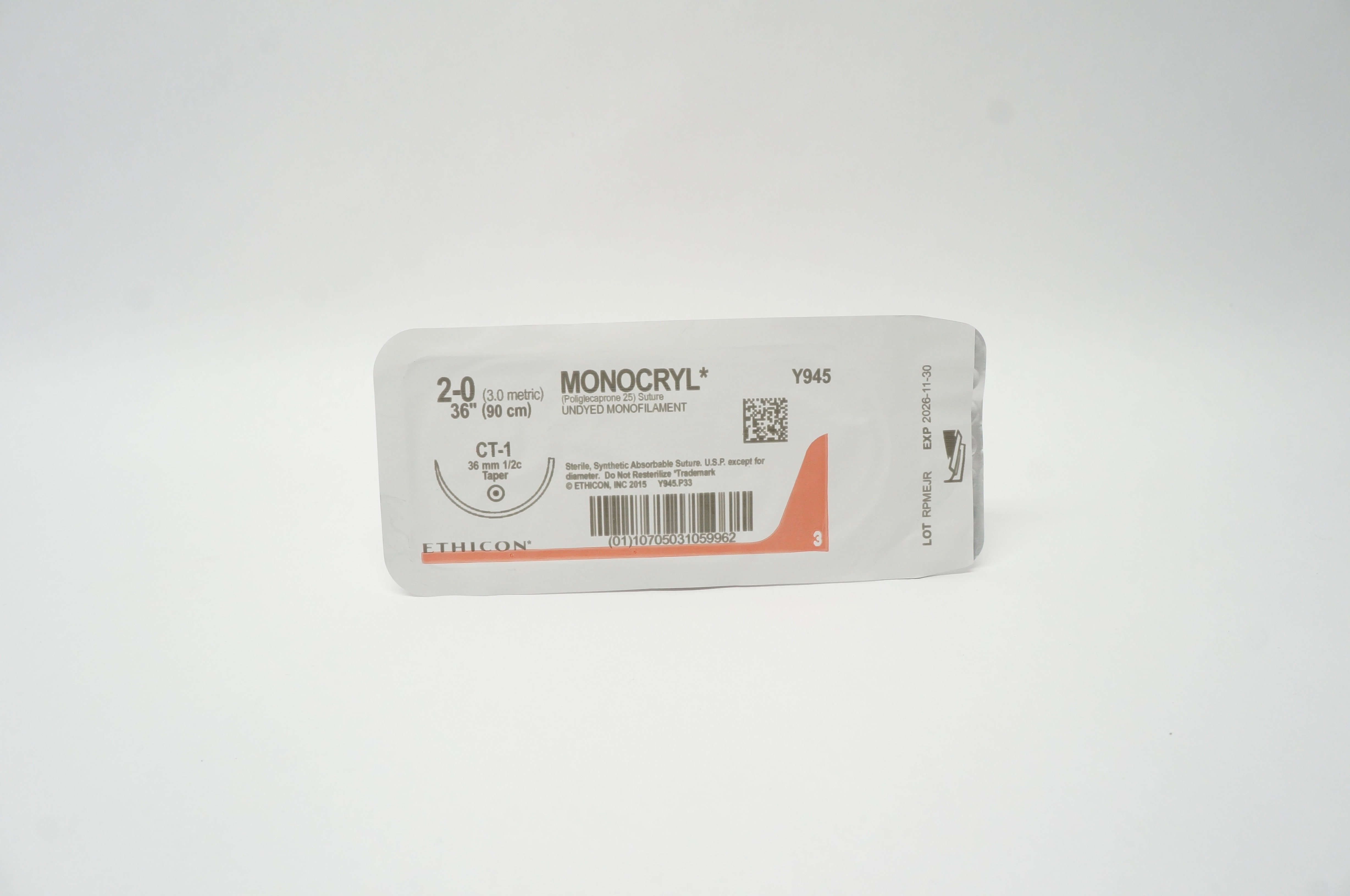 Ethicon Y945 2-0 MONOCRYL Poliglecaprone 25 Stre CT-1 36mm 1/2c Taper 36inch