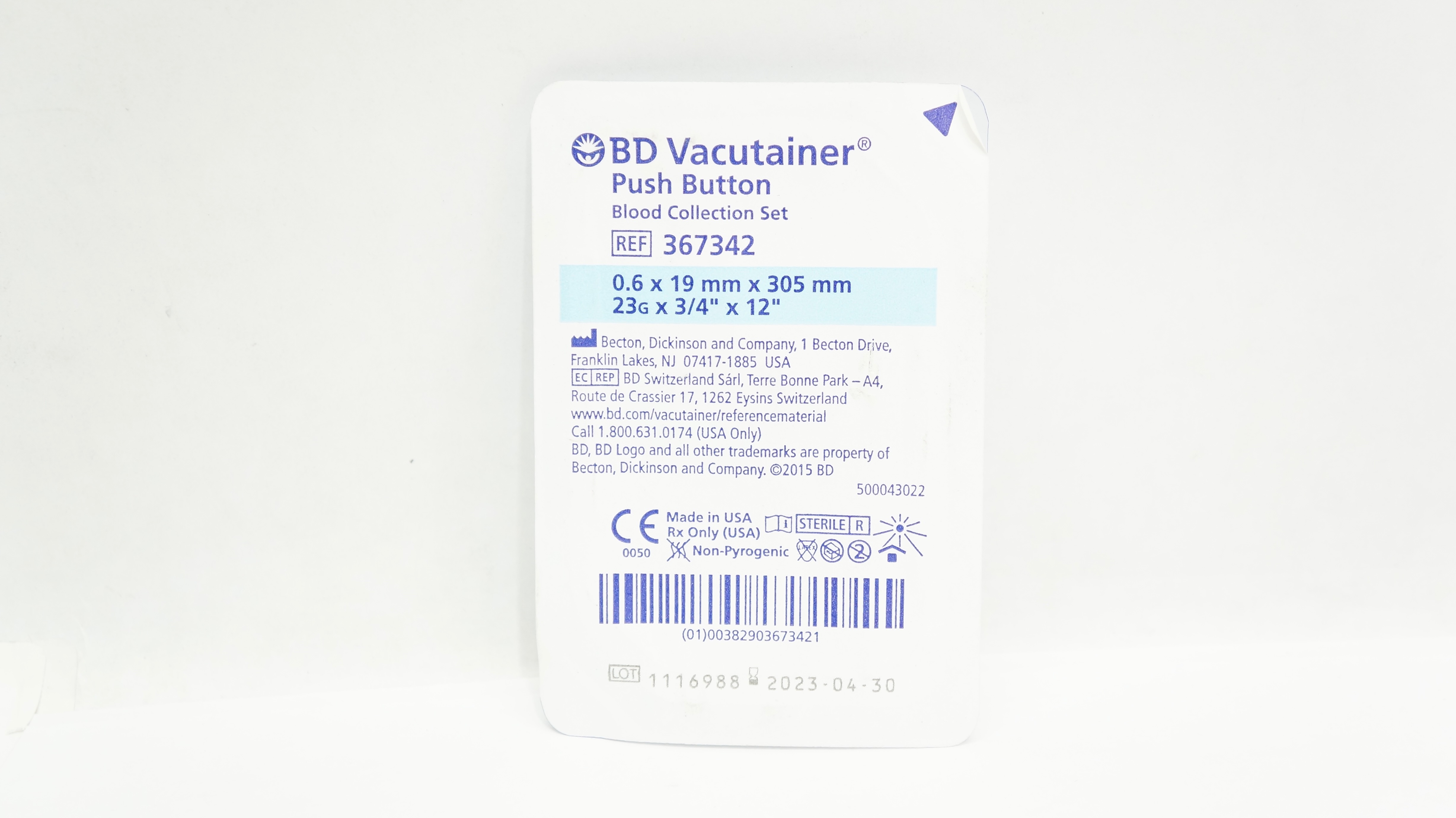 BD 367342 Vacutainer Push Button Blood Collection Set 23G x 3/4inch x 12inch (x)