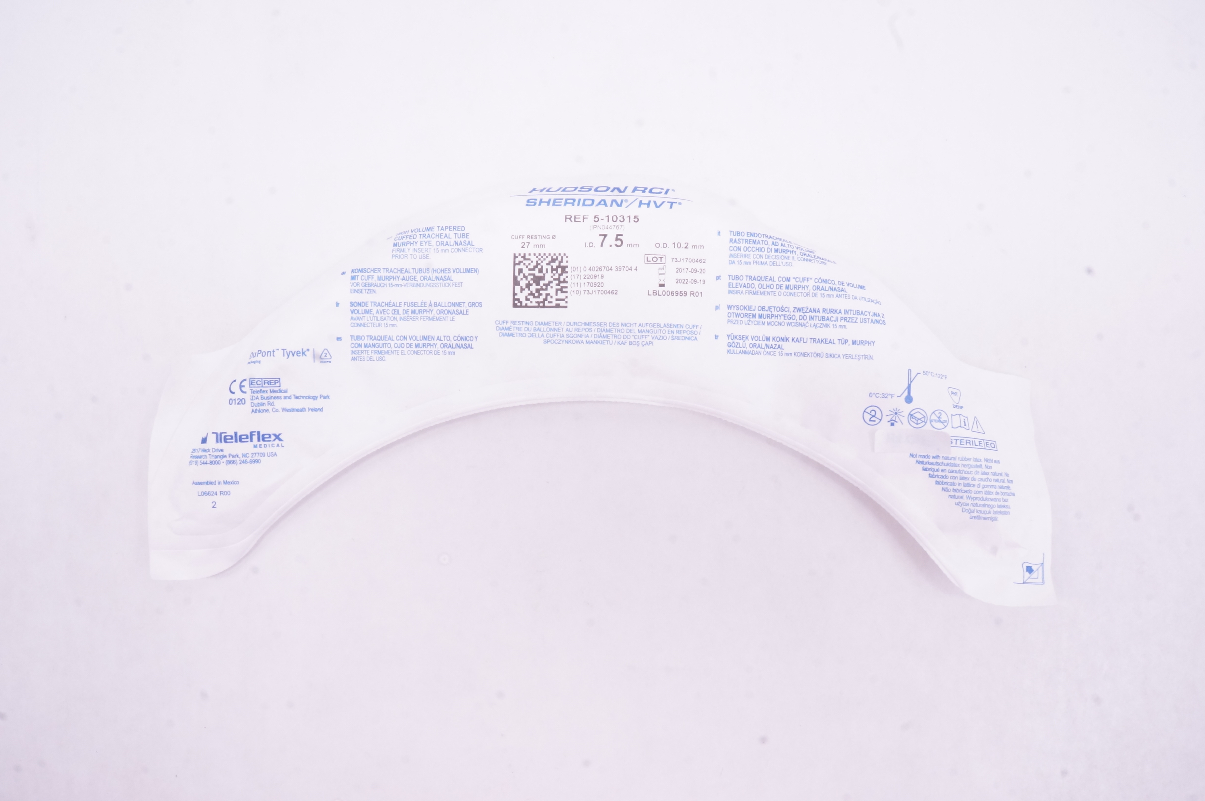 Teleflex 5-10315 Hudson RCI Sheridan Cuffed Tracheal Tube 7.5 x 10.2 x 27mm