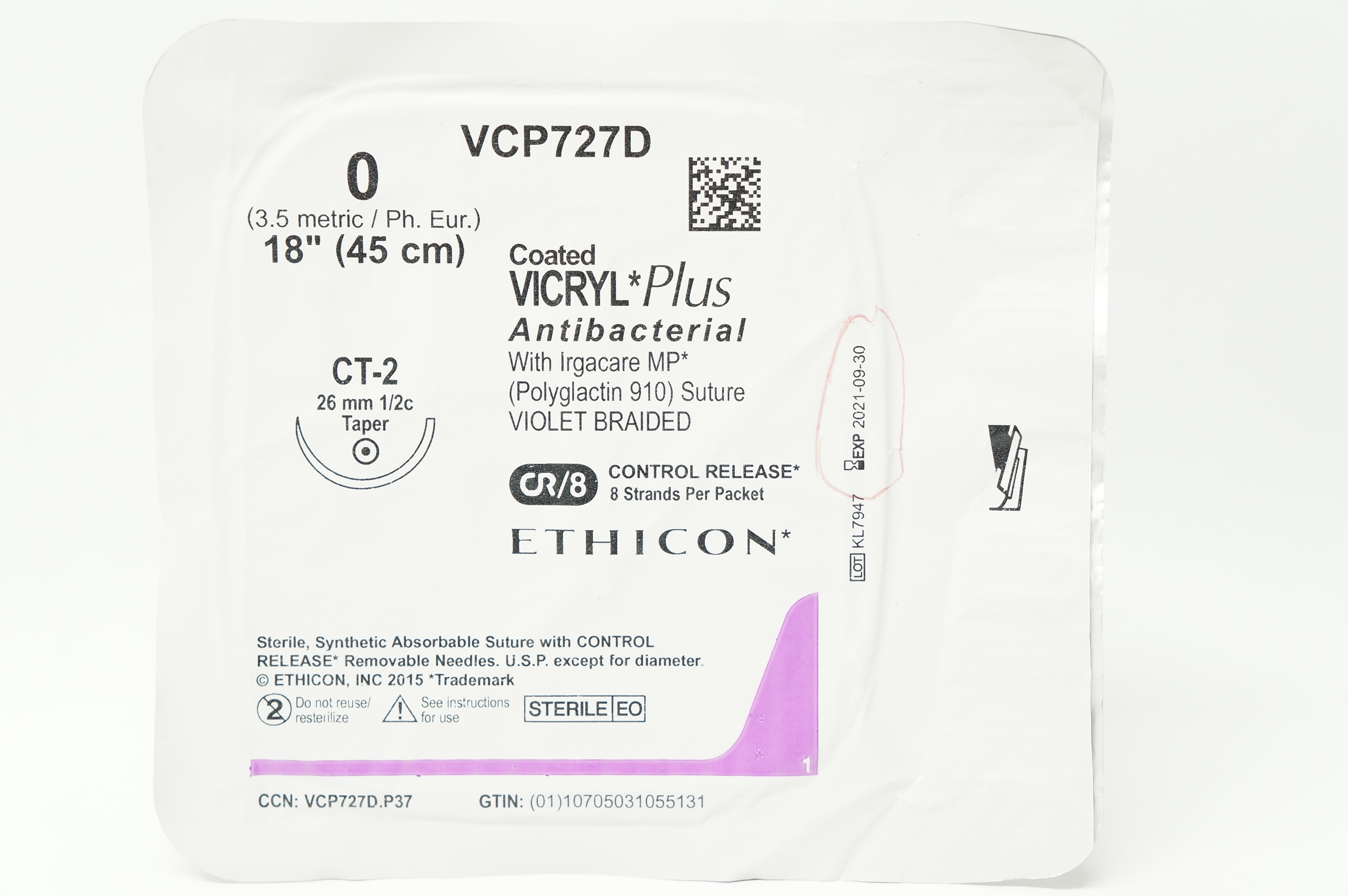 Ethicon VCP727D 0 Coated VICRYL Plus Stre CT-2 26mm 1/2c Taper 18inch (x)