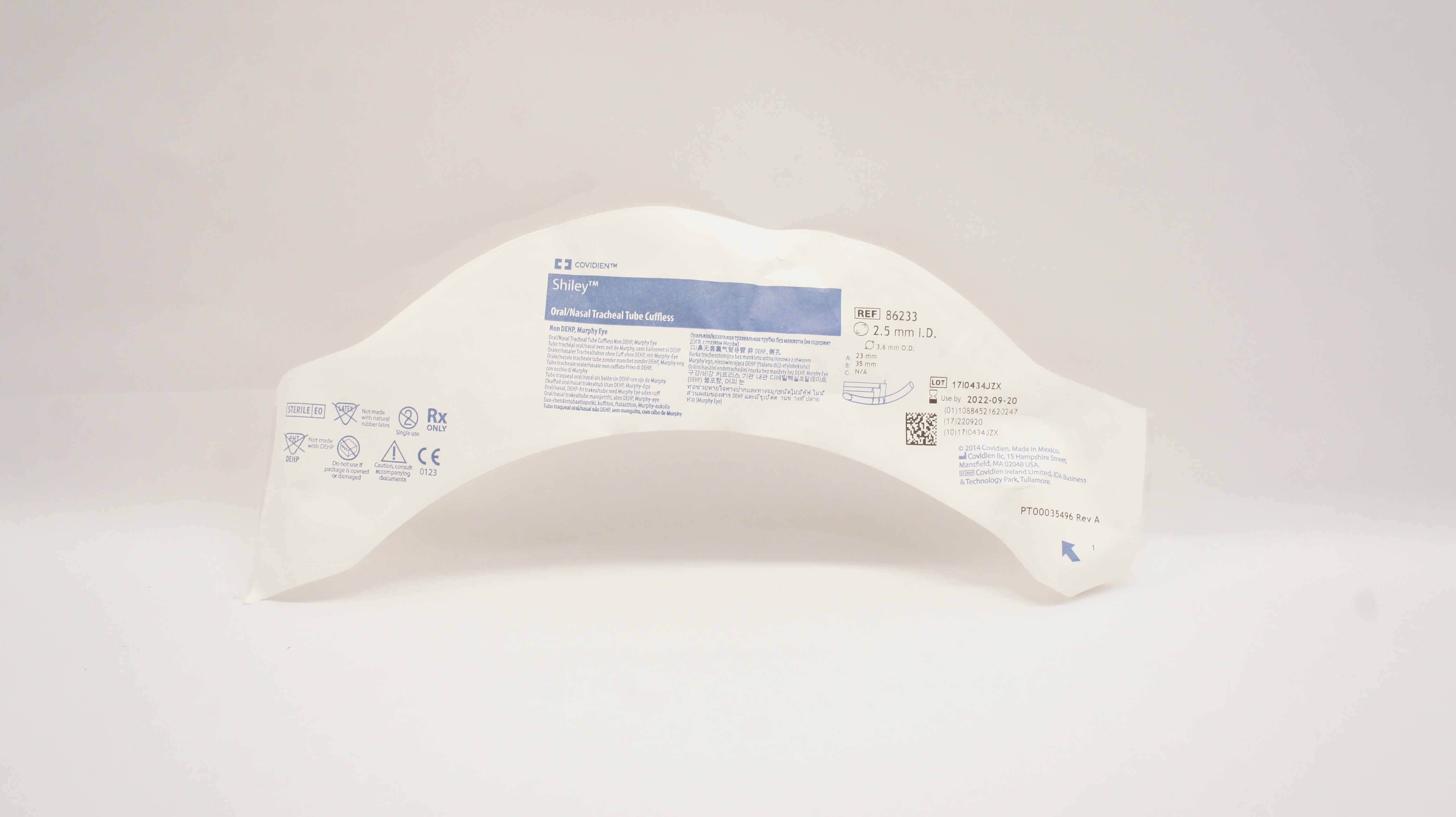 Covidien 86233 Shiley Oral/Nasal Tracheal Tube Cuffless 2.5mm ID x 3.6mm OD (x)