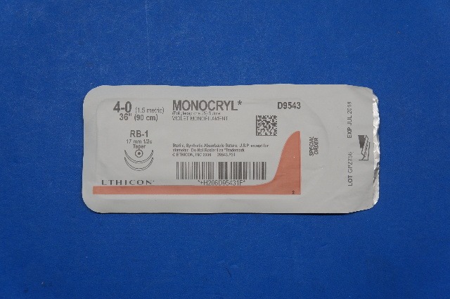 Ethicon D9543 4-0 MONOCRYL, RB-1 17mm 1/2c Taper, Violet Monofilament, 36inch