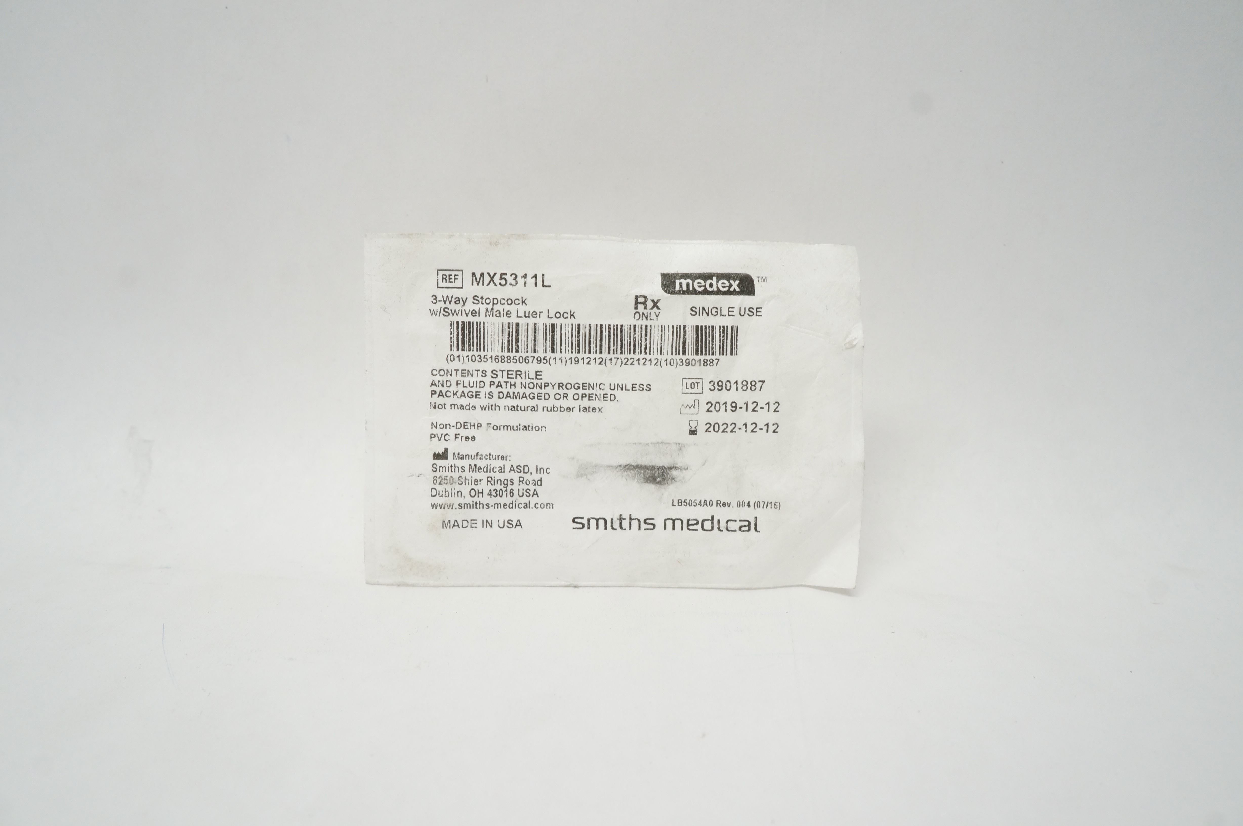 Smiths Medical MX5311L Medex 3-Way Stopcock w/Swivel Male Luer Lock