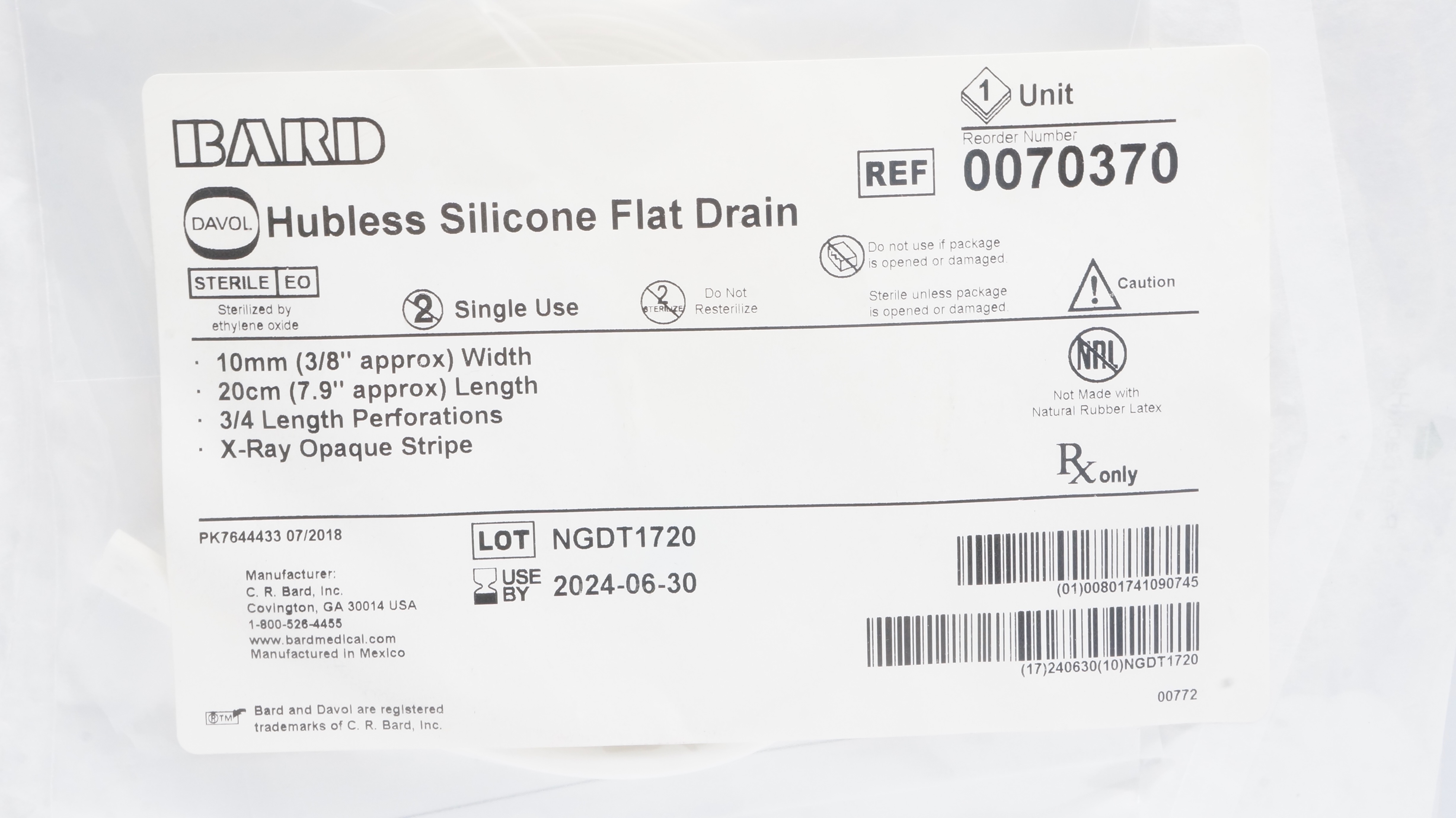 Bard 0070370 Davol Hubless Silicone Flat Drain 3/8 inch x 7.9 inch (x)