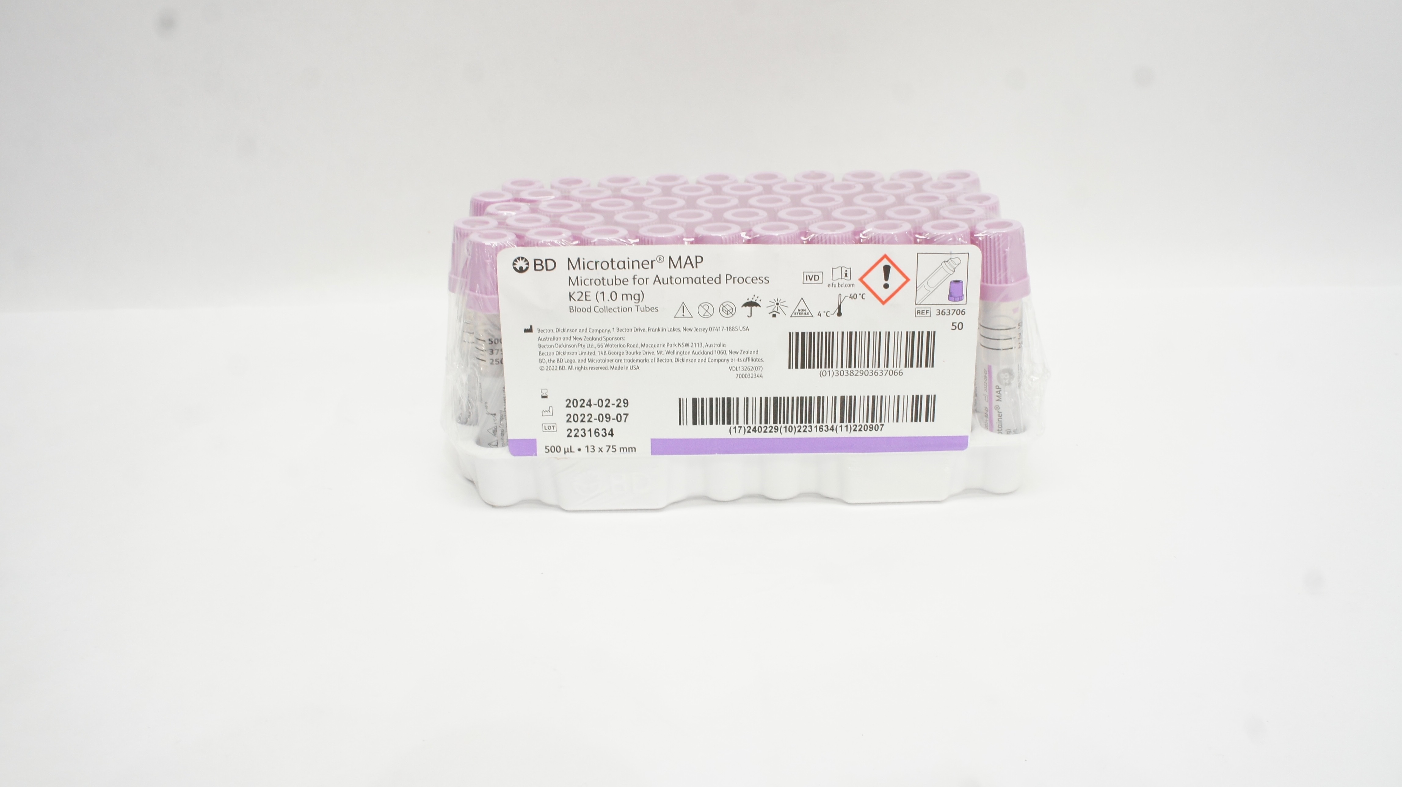 BD 363706 Microtainer Microtube K2E Blood Collection Tubes 13 x 75mm - Box of 50