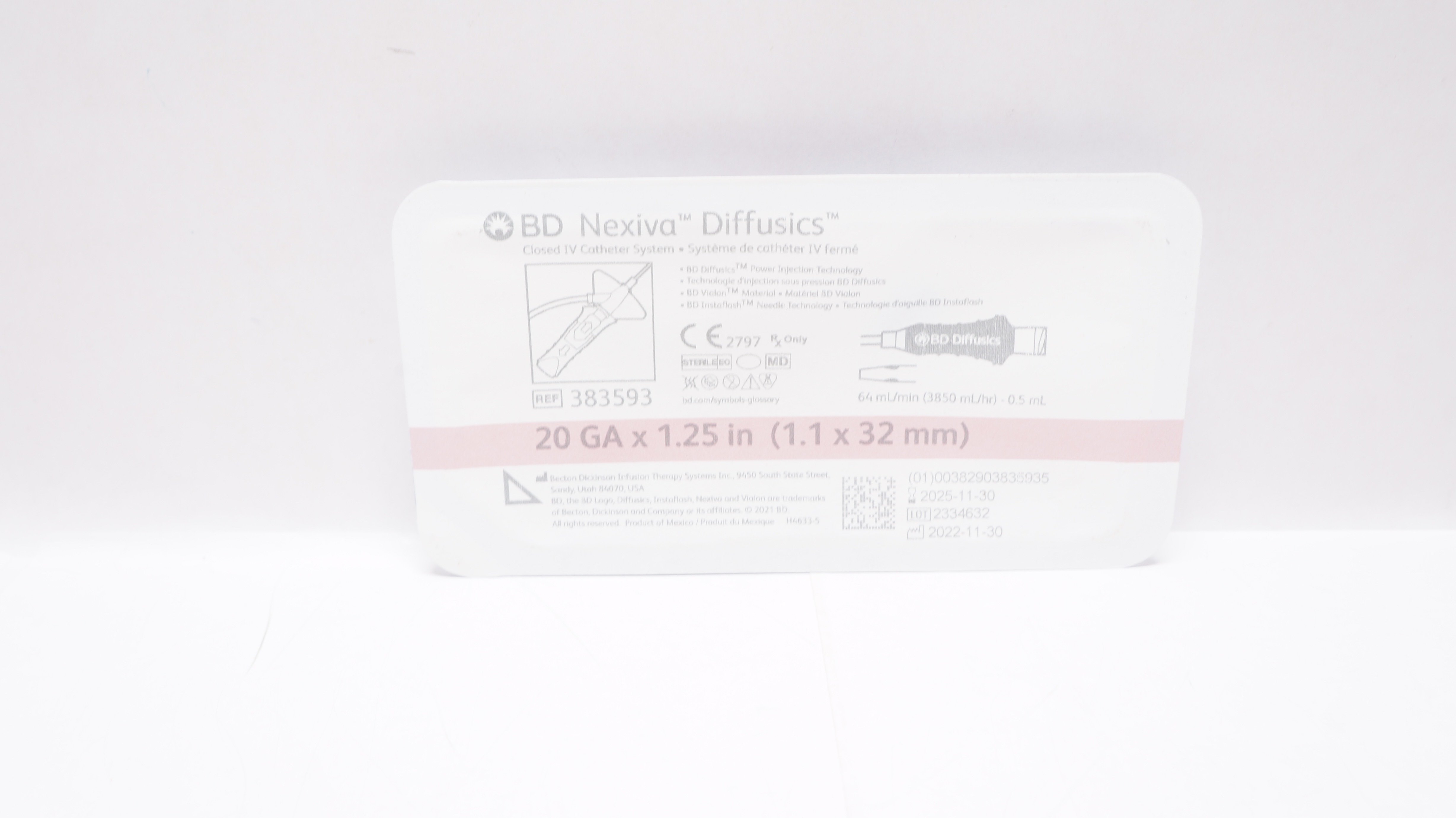 BD 383593 Nexiva Diffusics Closed IV Cath. System 20GA x 1.25inch 64mL/min