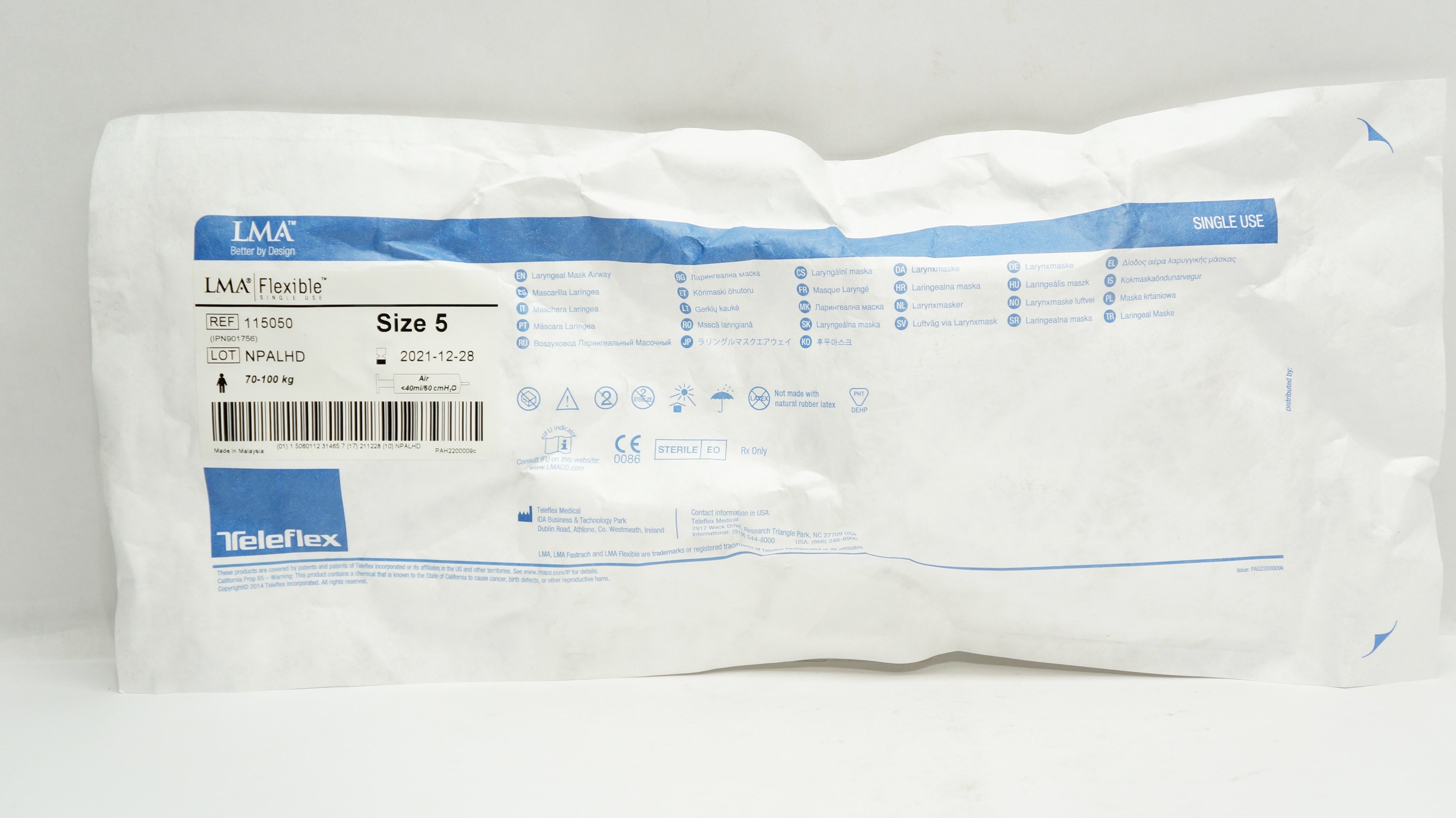 Teleflex 115050 LMA Flexible Laryngeal Mask Airway Size 5 70-100kg <40ml/60cm(x)