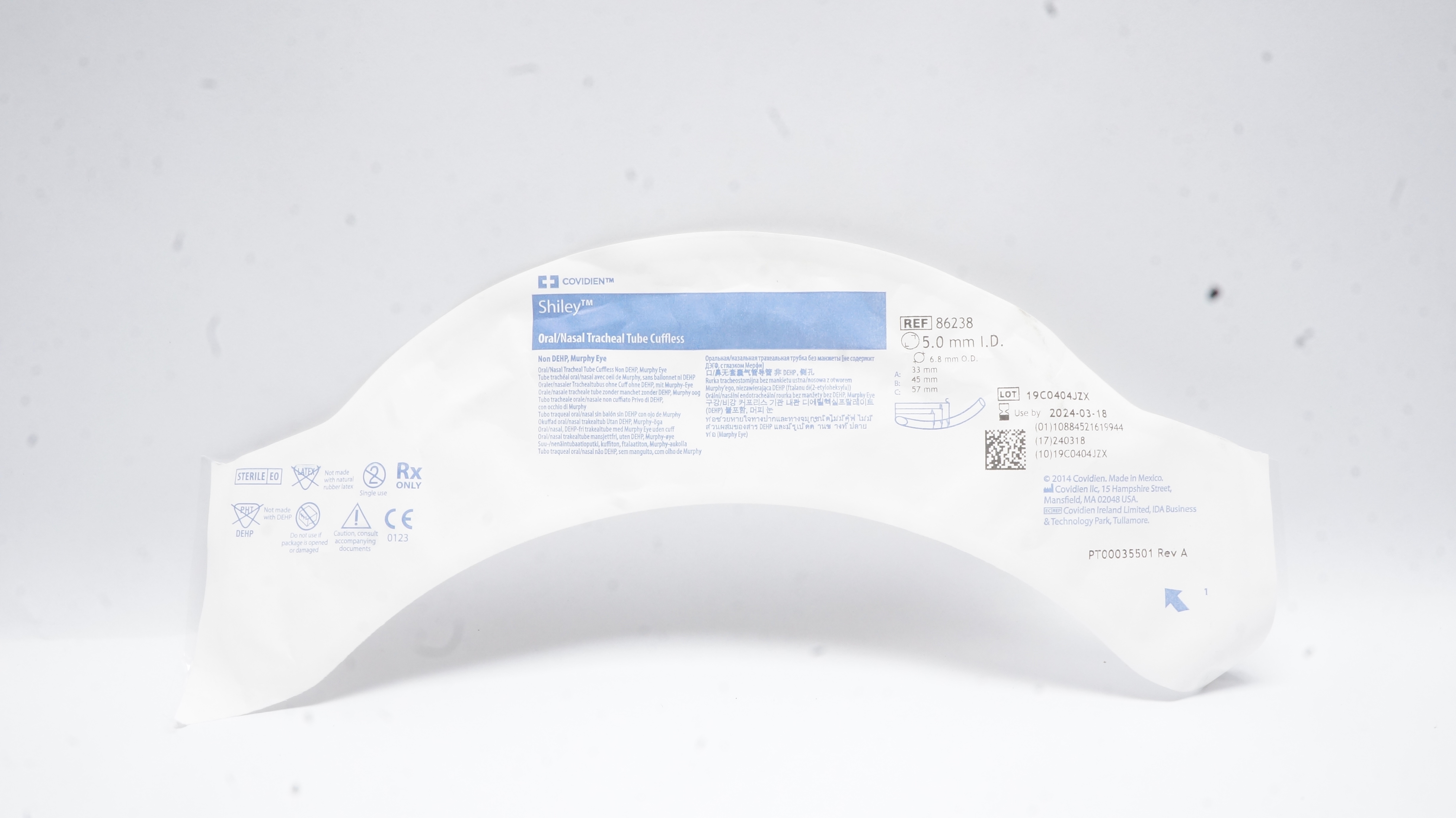 Covidien 86238 Shiley Oral/Nasal Tracheal Tube Cuffless 5.0mm ID x 6.8mm OD (x)