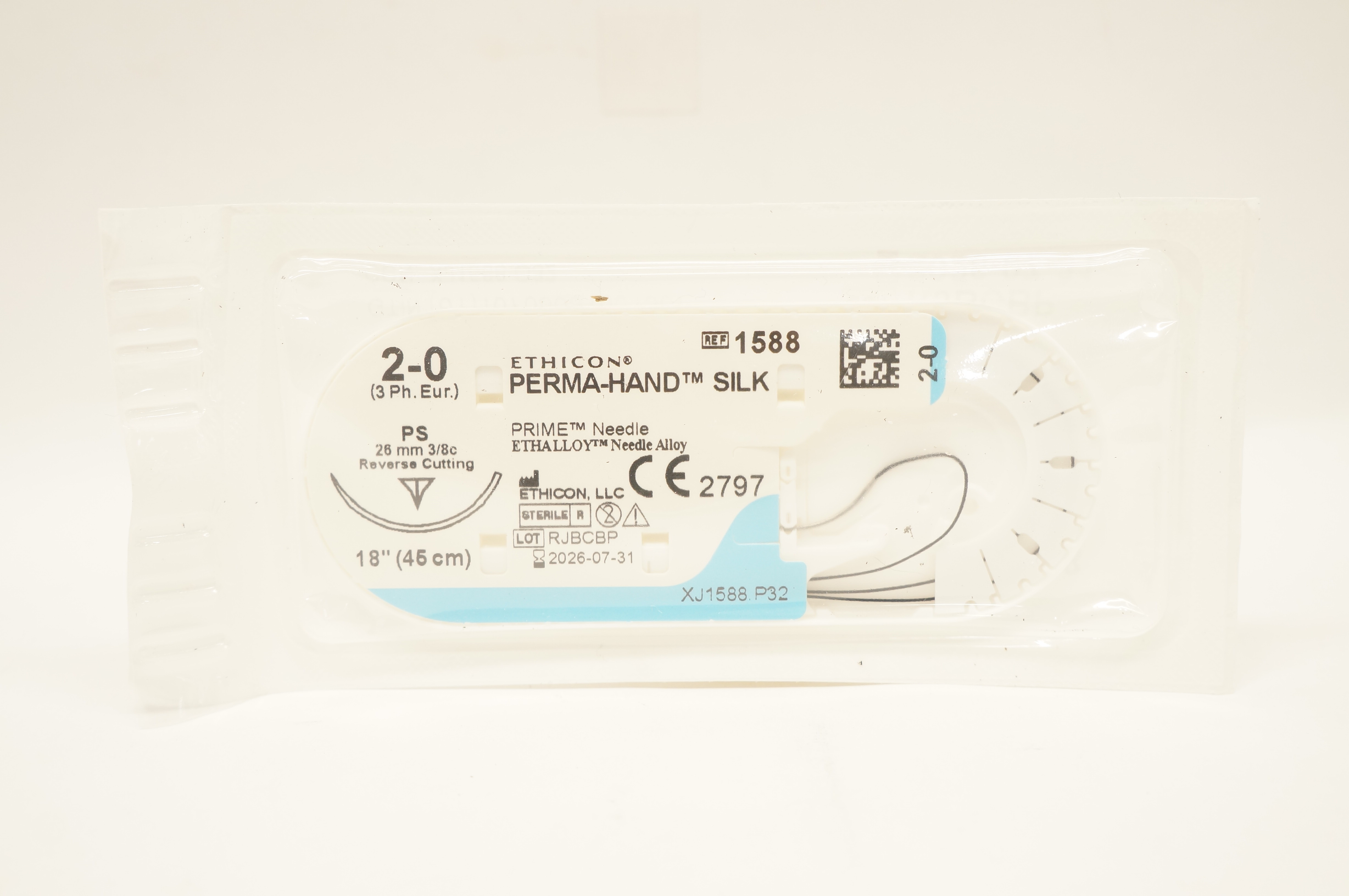 Ethicon 1588 2-0 PERMA-HAND SILK Stre PS 26mm 3/8c Reverse Cutting, 18inch