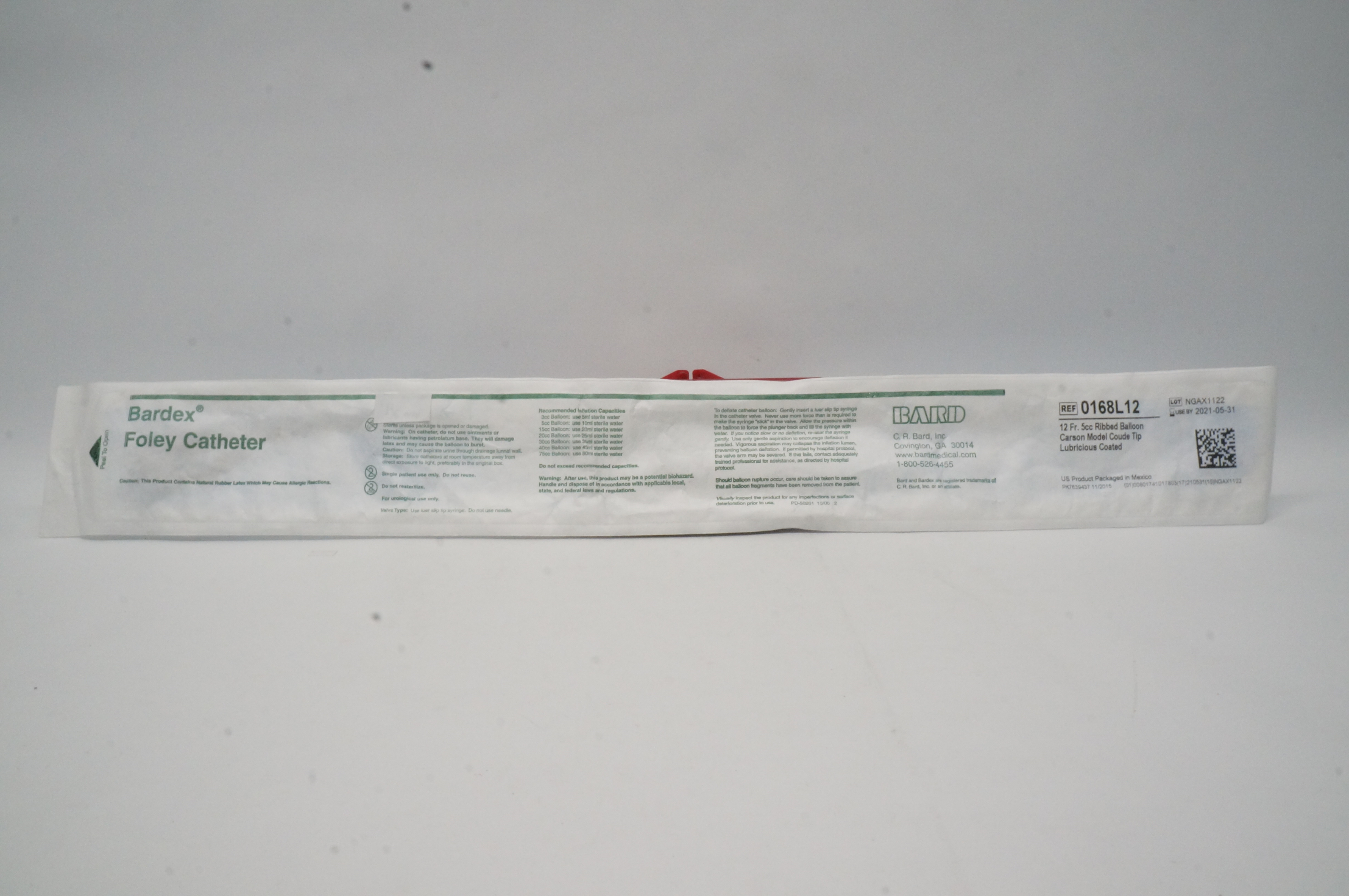 Bard 0168L12 Bardex Foley Cath. 12 Fr. 5cc Ribbed Balloon Carson Model Coude Tip