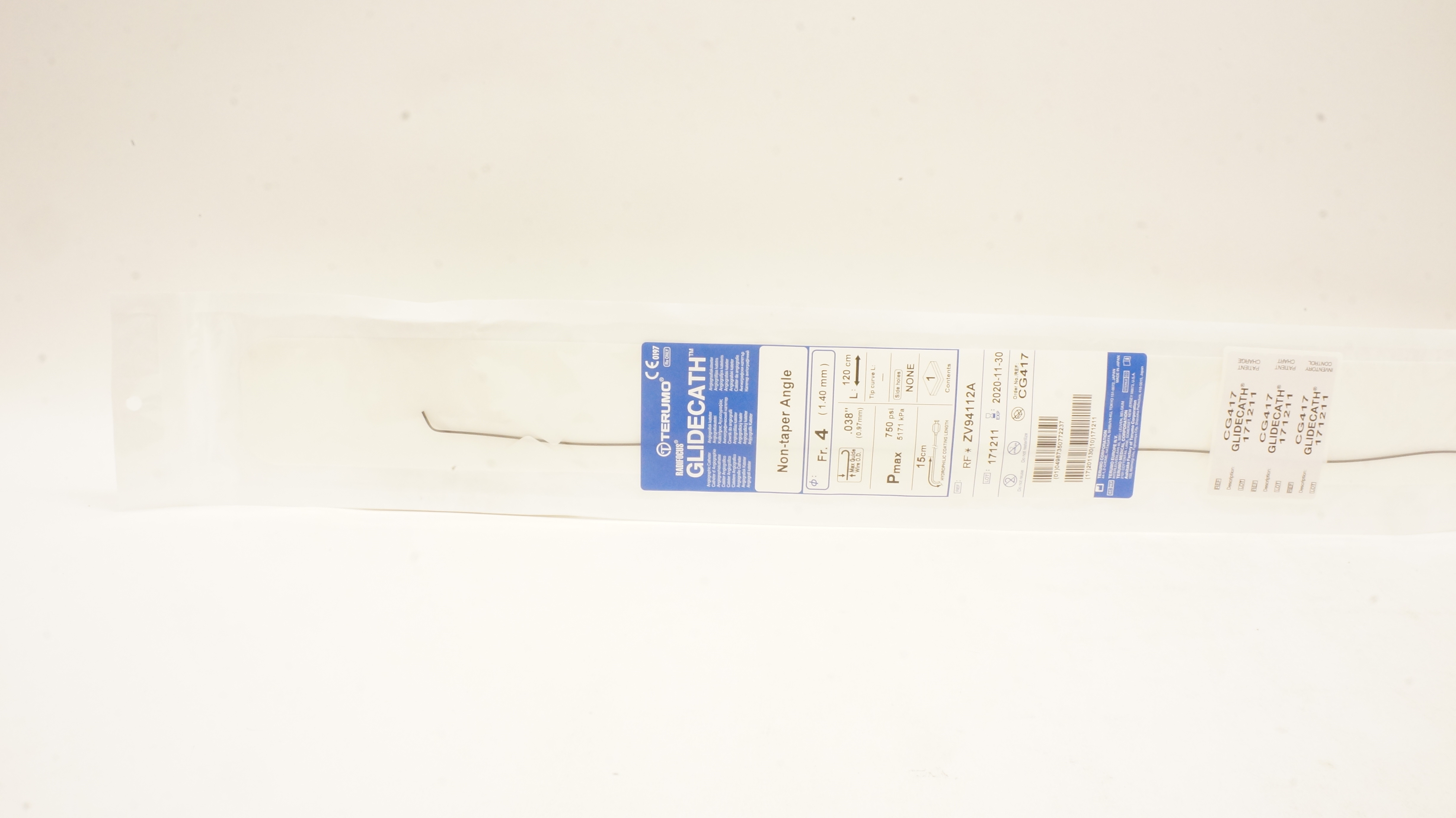 Terumo ZV94112A Radifocus Glidecath Angiographic Cath 4Fr. Non-taper Angle (x)