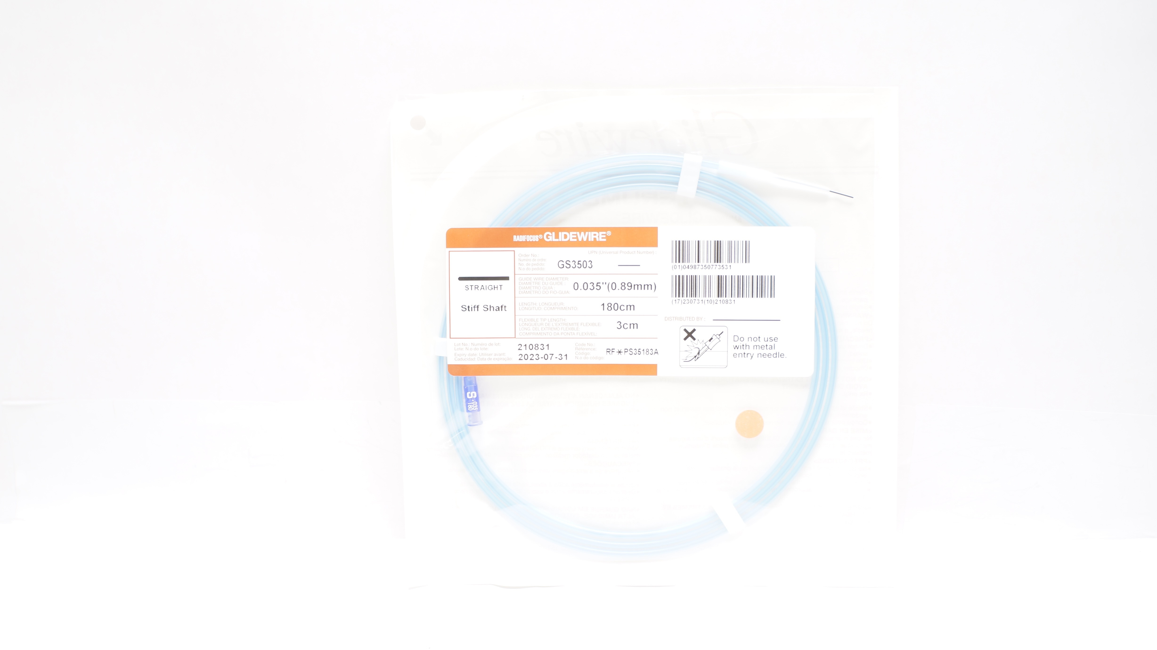 Terumo GS3503 Radiofocus Glidewire Straight Stiff Shaft 0.035in x 180cm x 3cm(x)