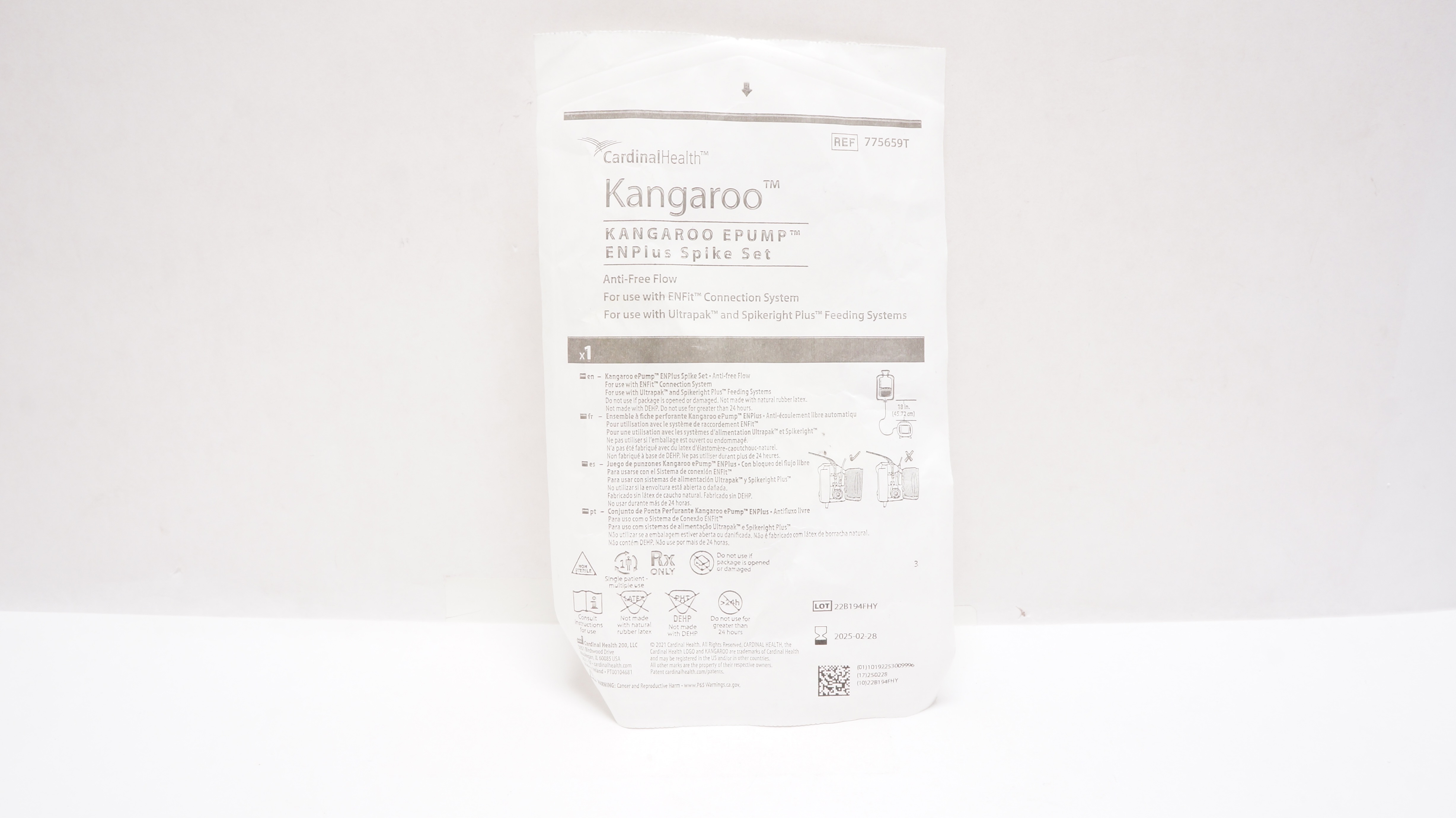 Cardinal Health 775659T Kangaroo e-Pump ENPlus Spike Set Anti-Free Flow 18inch