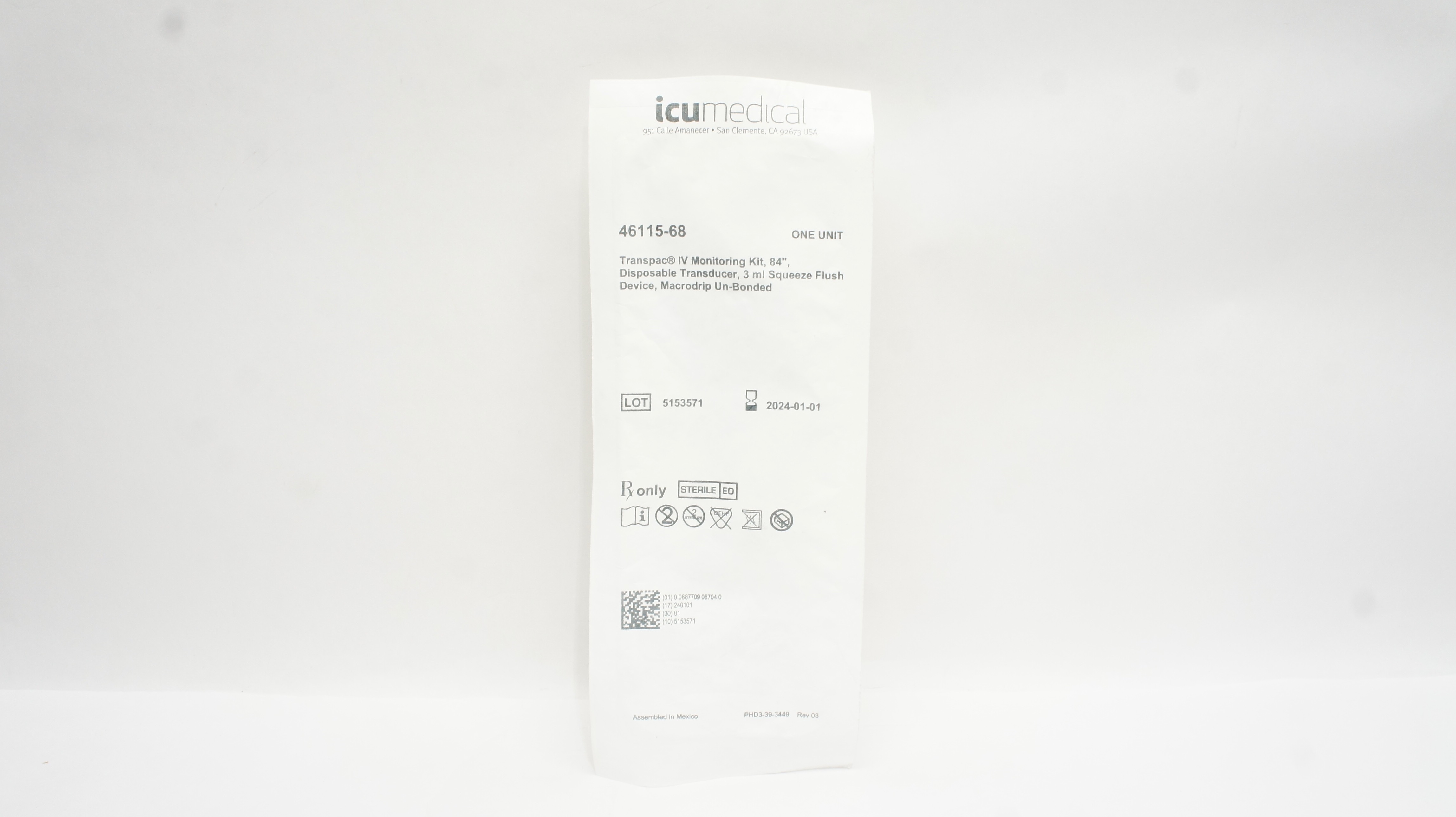ICU Medical 46115-68 Transpac IV Monitoring Kit 84inch