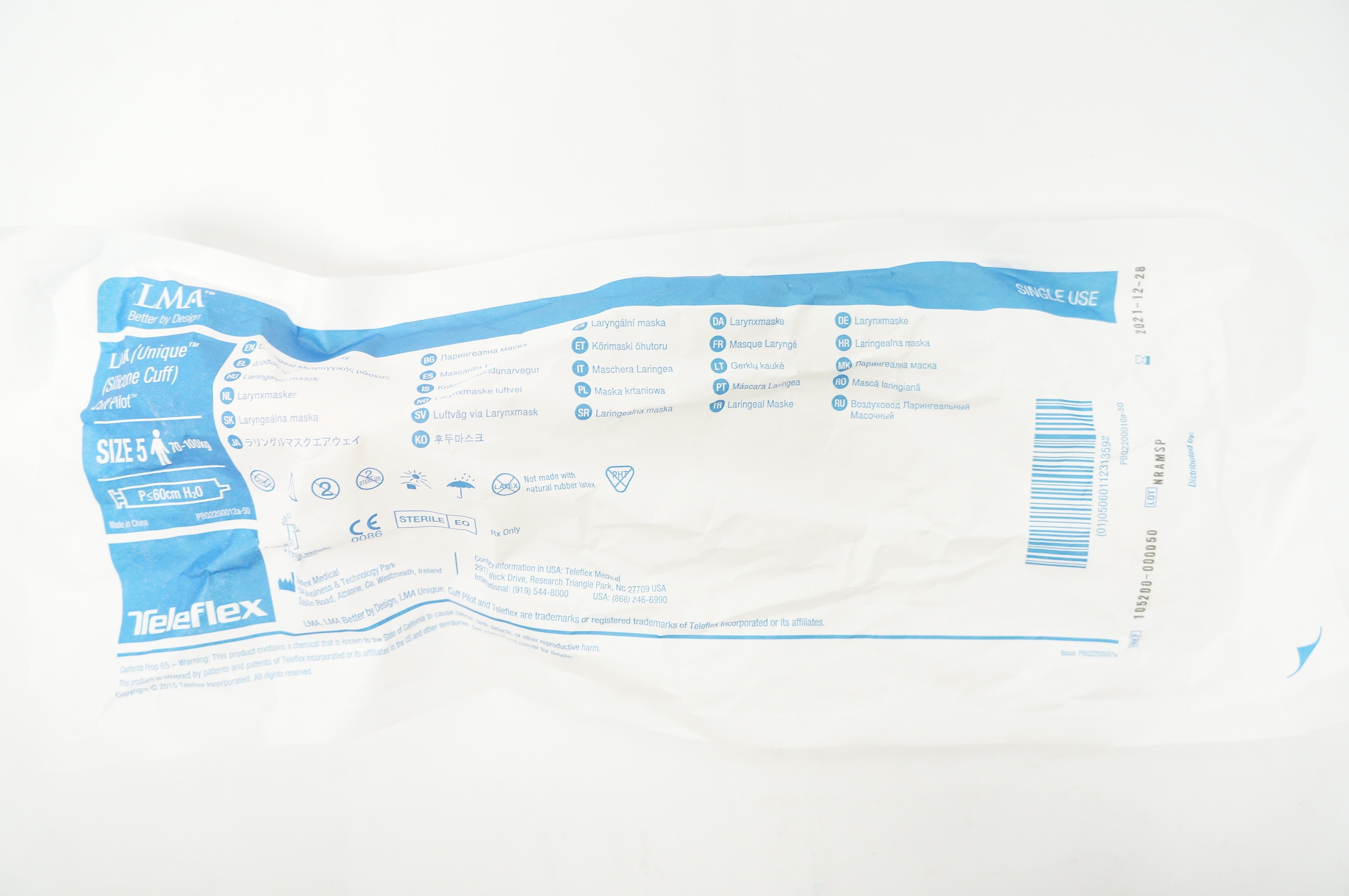 Teleflex 105200-000050 LMA Unique Laryngeal Mask Airway Size5 70-100kg P≤60cm(x)