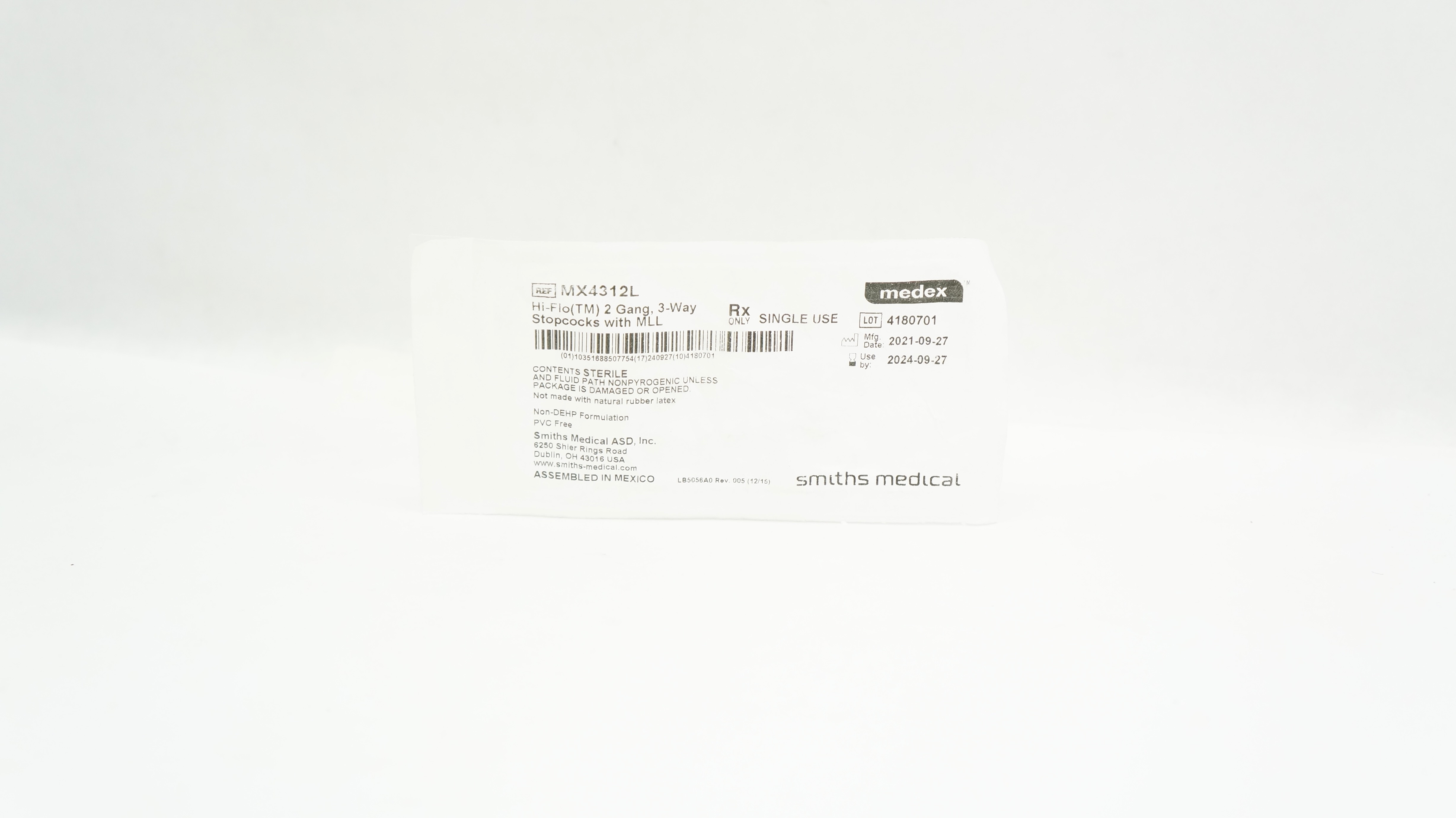 Smiths Medical MX4312L Medex Hi-Flo 2 Gang 3-Way Stopcocks with MLL