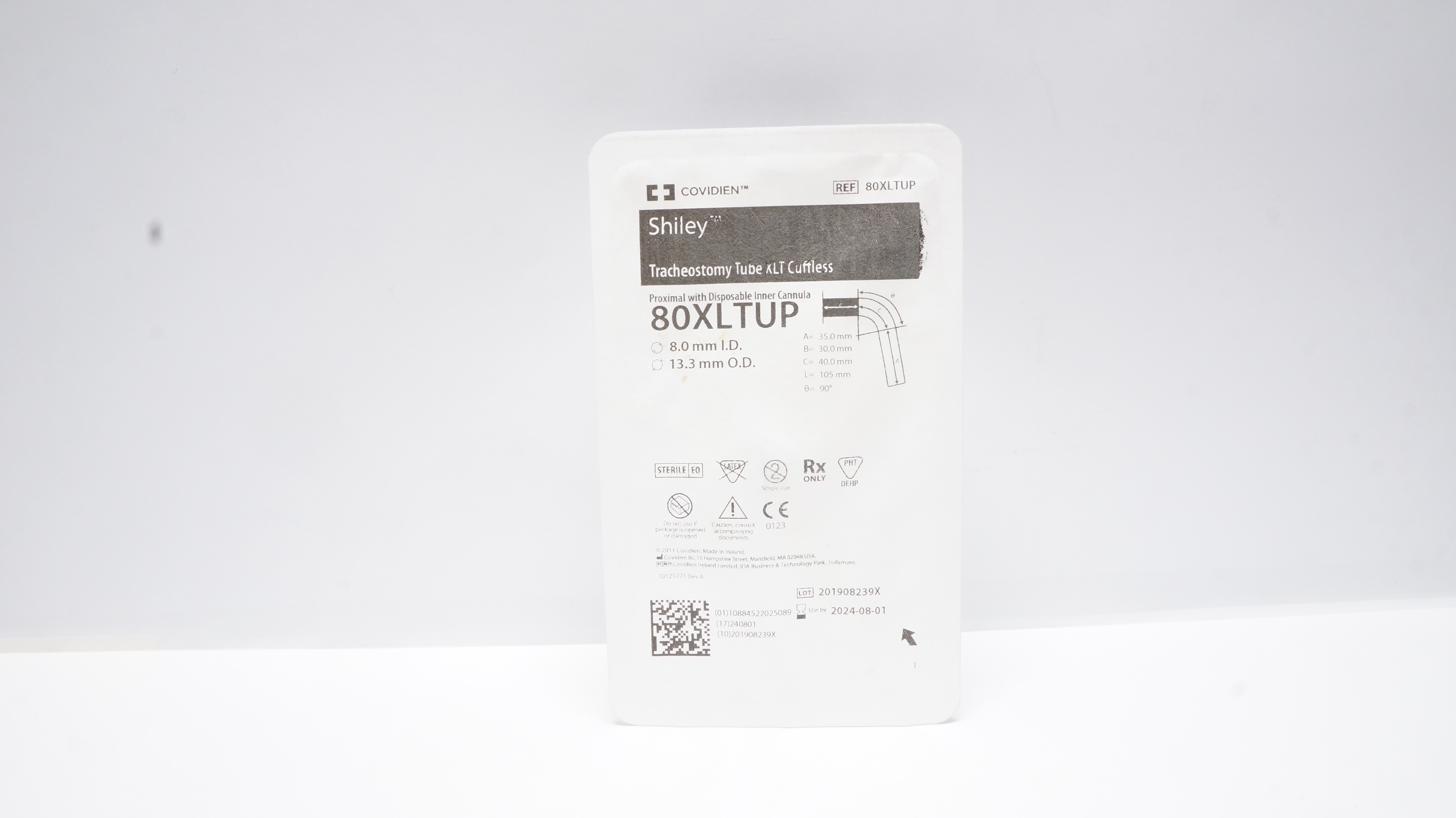 Covidien 80XLTUP Shiley Tracheostomy Tube XLT Cuffless 8.0mm ID x 13.3mm OD (x)