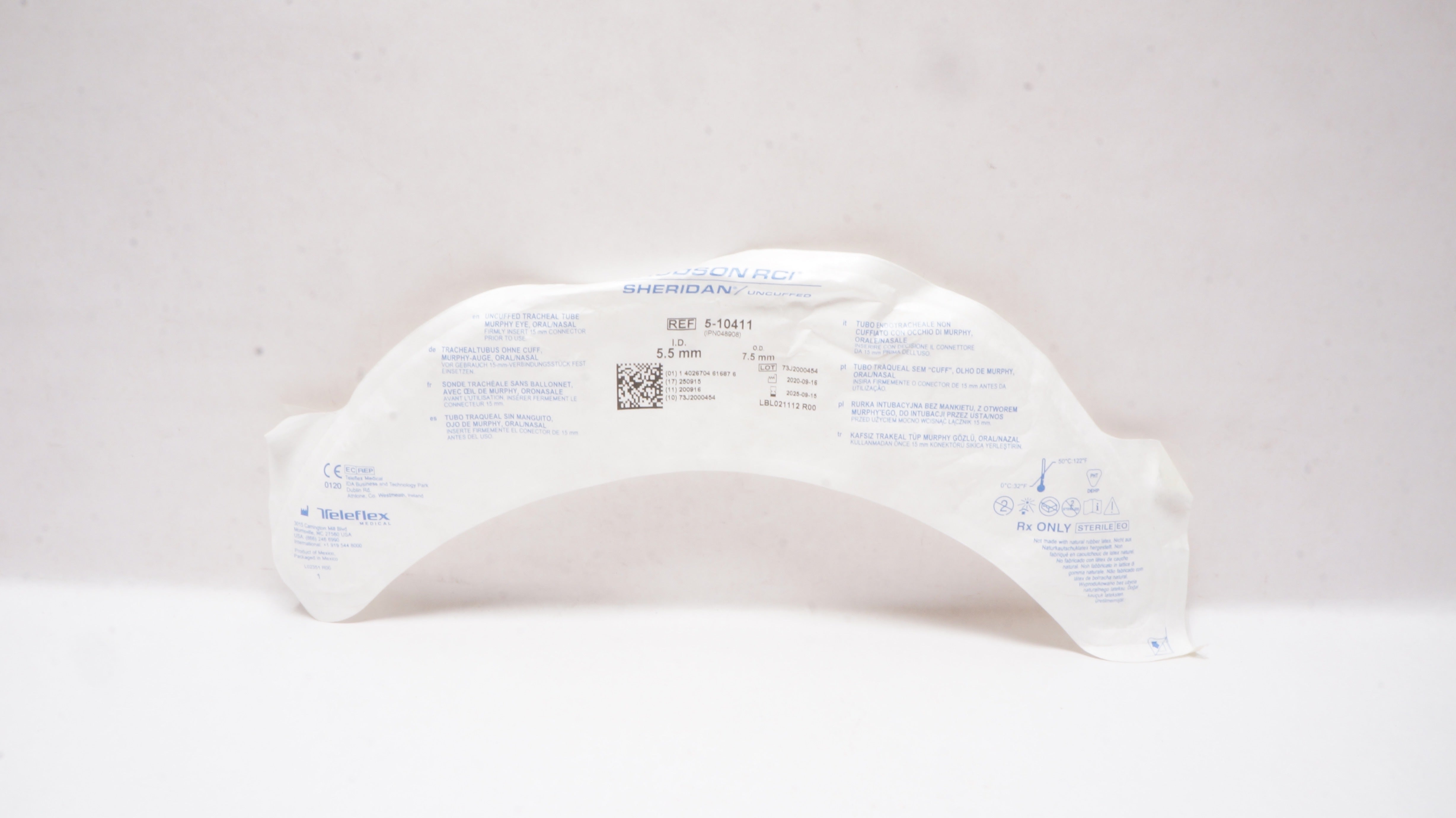 Teleflex 5-10411 Hudson RCI Sheridan Uncuffed Tracheal Tube 5.5mm ID x 7.5mm OD