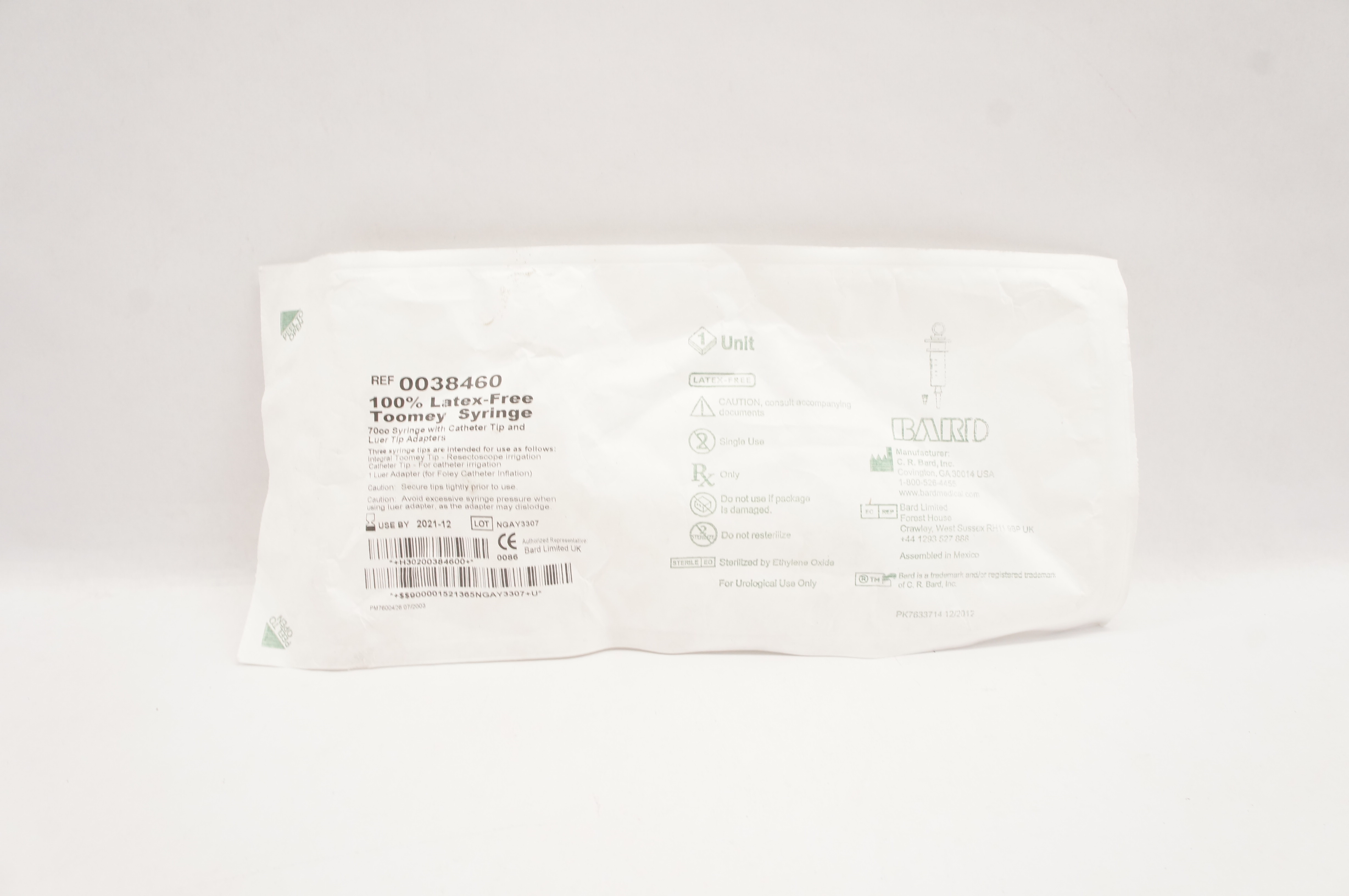 Bard 0038460 Toomey Syringe 70cc With Cath. Tip & Luer Tip Adapters (x)