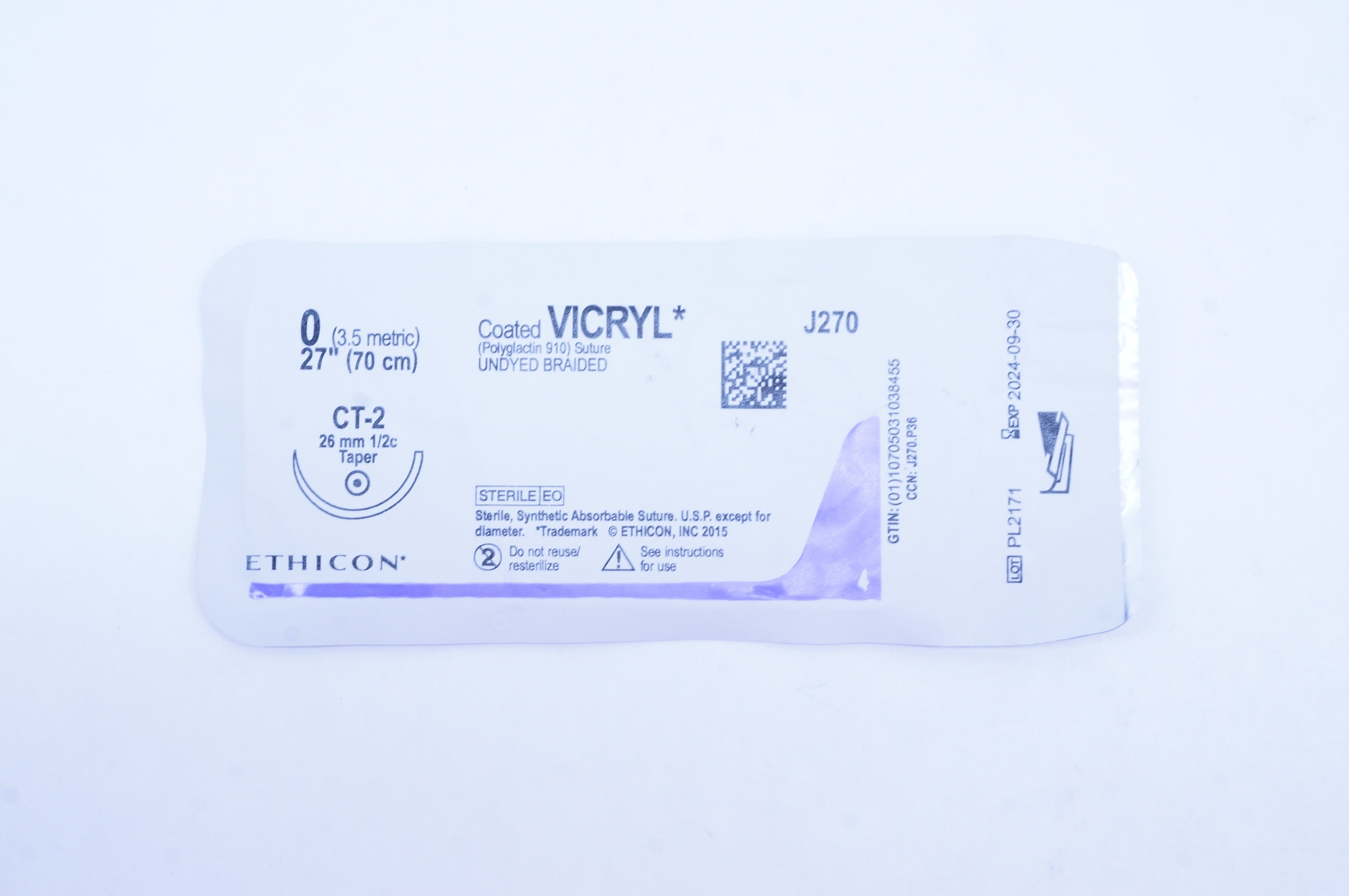 Ethicon J270 0 VICRYL CT-2, 26mm 1/2c Taper, 27inch