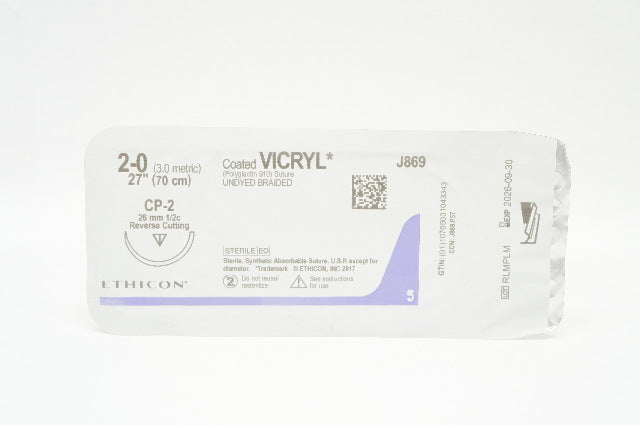 Ethicon J869 2-0 Coated Vicryl,  CP-2, 26mm 1/2c, 27inch