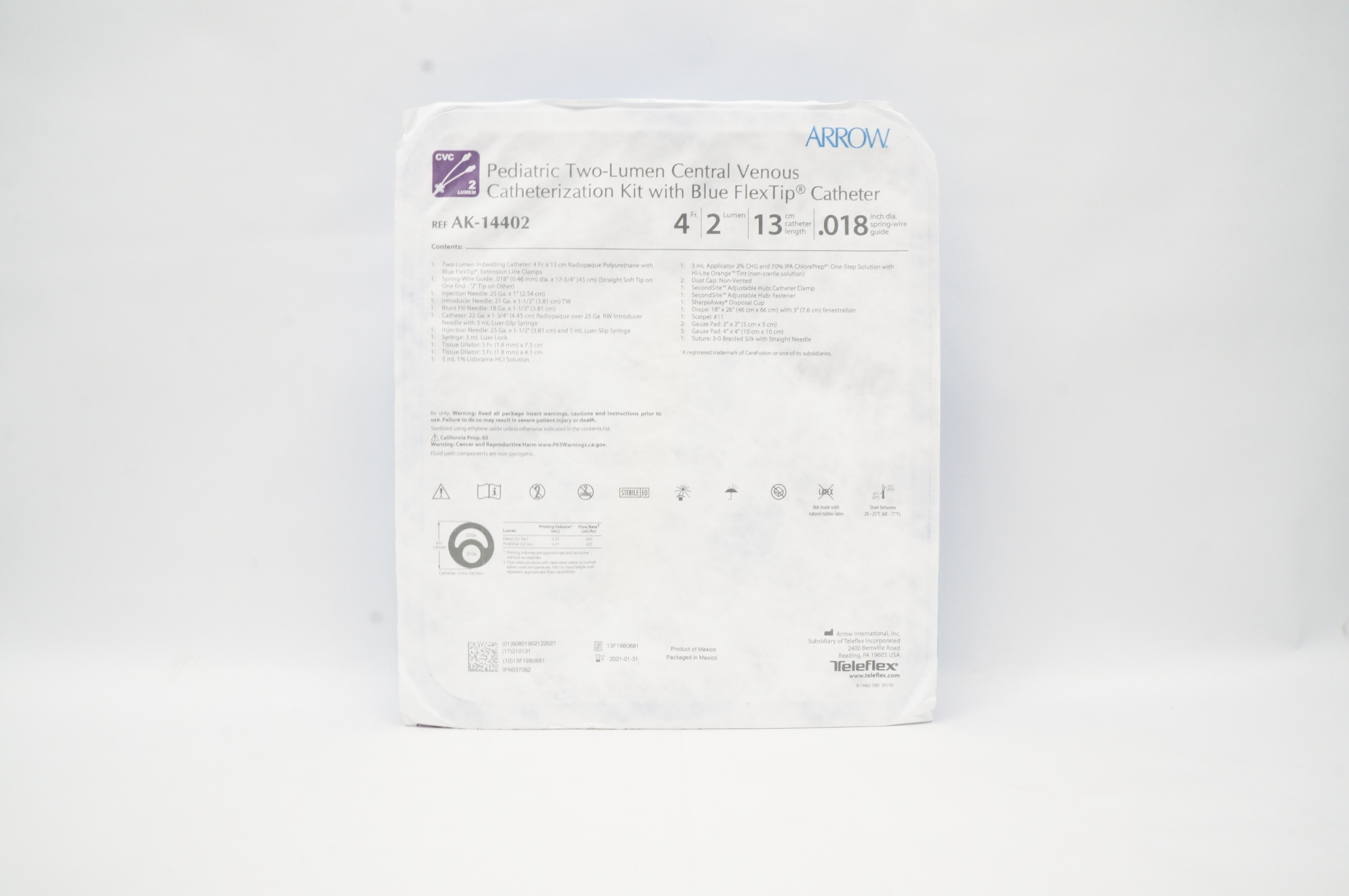 Arrow AK-14402 Two-Lumen Central Venous Catheterization Kit 4Fr. (x)