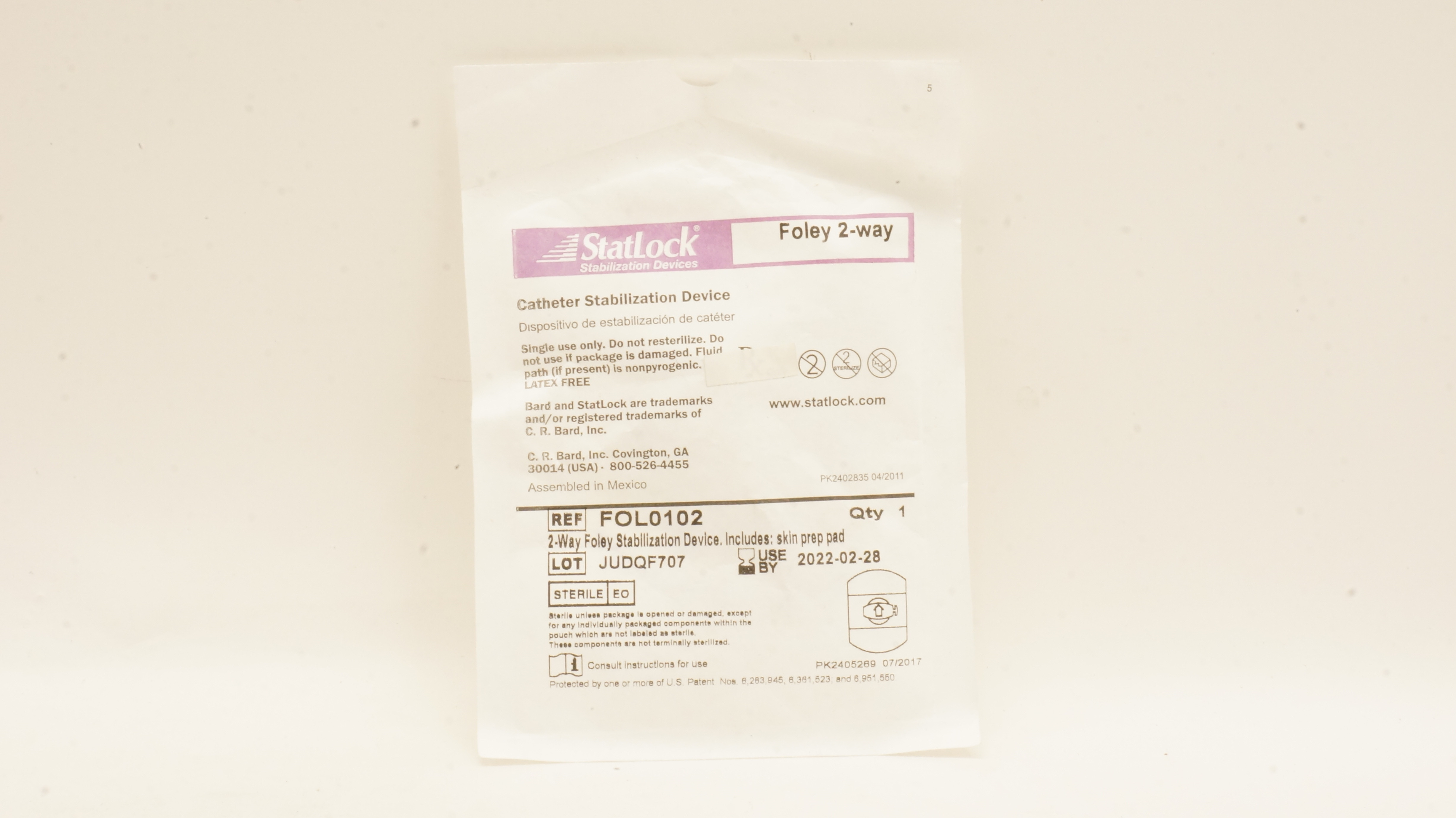 Bard FOL0102 StatLock Cath. Stabilization Device Foley 2-way (x)