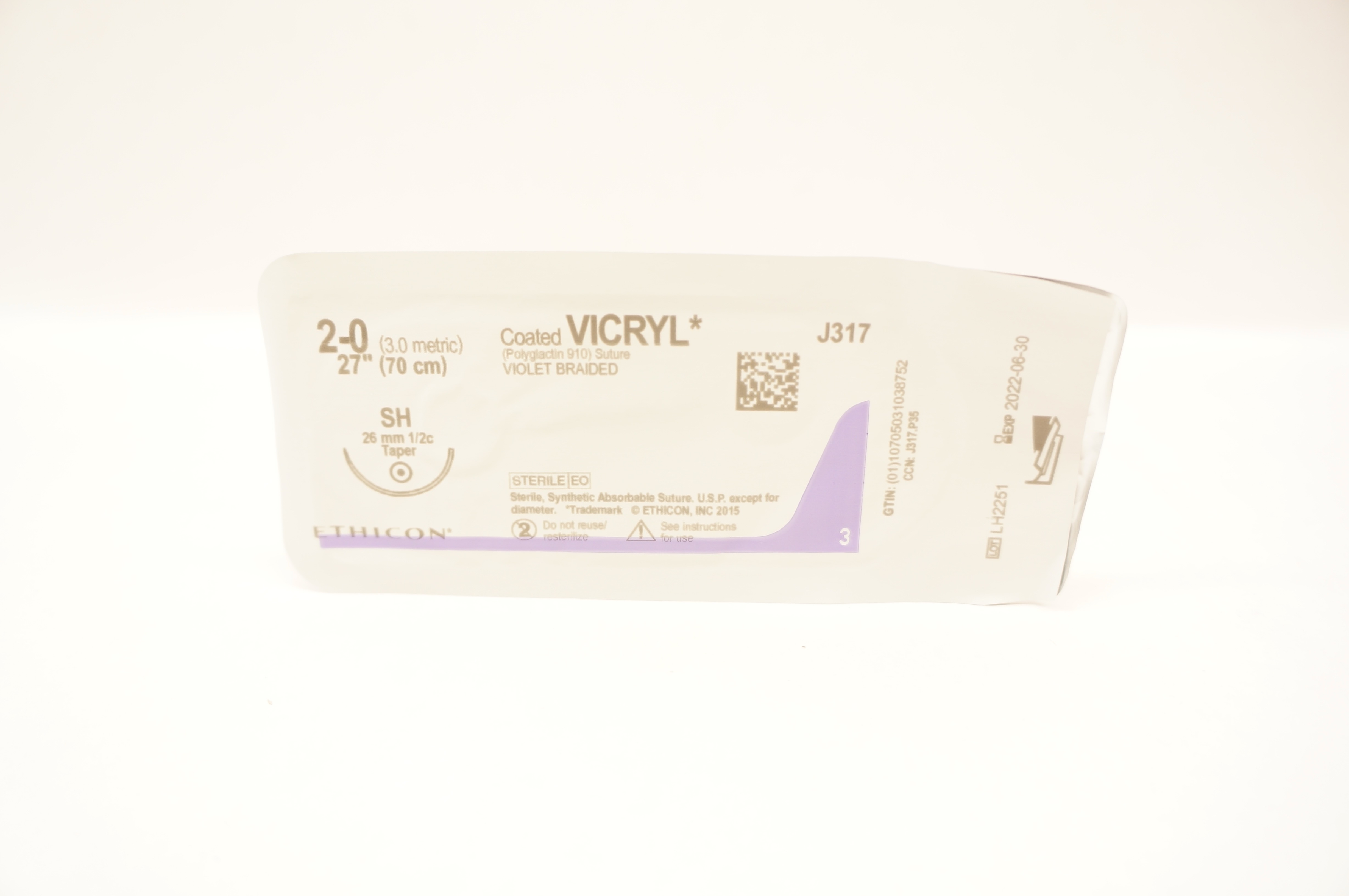 Ethicon J317 2-0 Coated VICRYL Stre SH 26mm 1/2c Taper 27 inch (x)