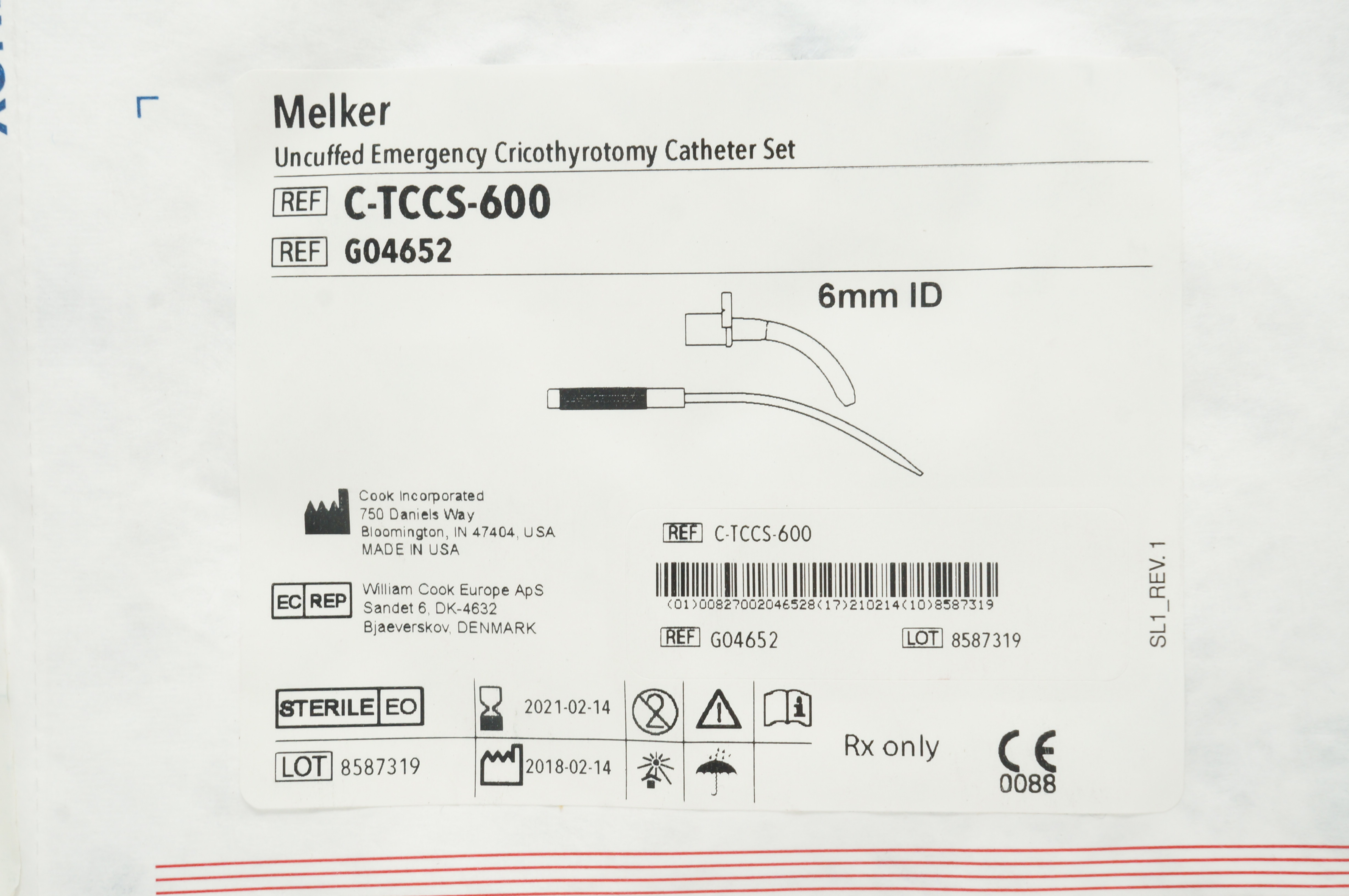 Cook Medical G04652 Melker Uncuffed Emergency Cricothyrotomy Cath. Set 6mm ID(x)