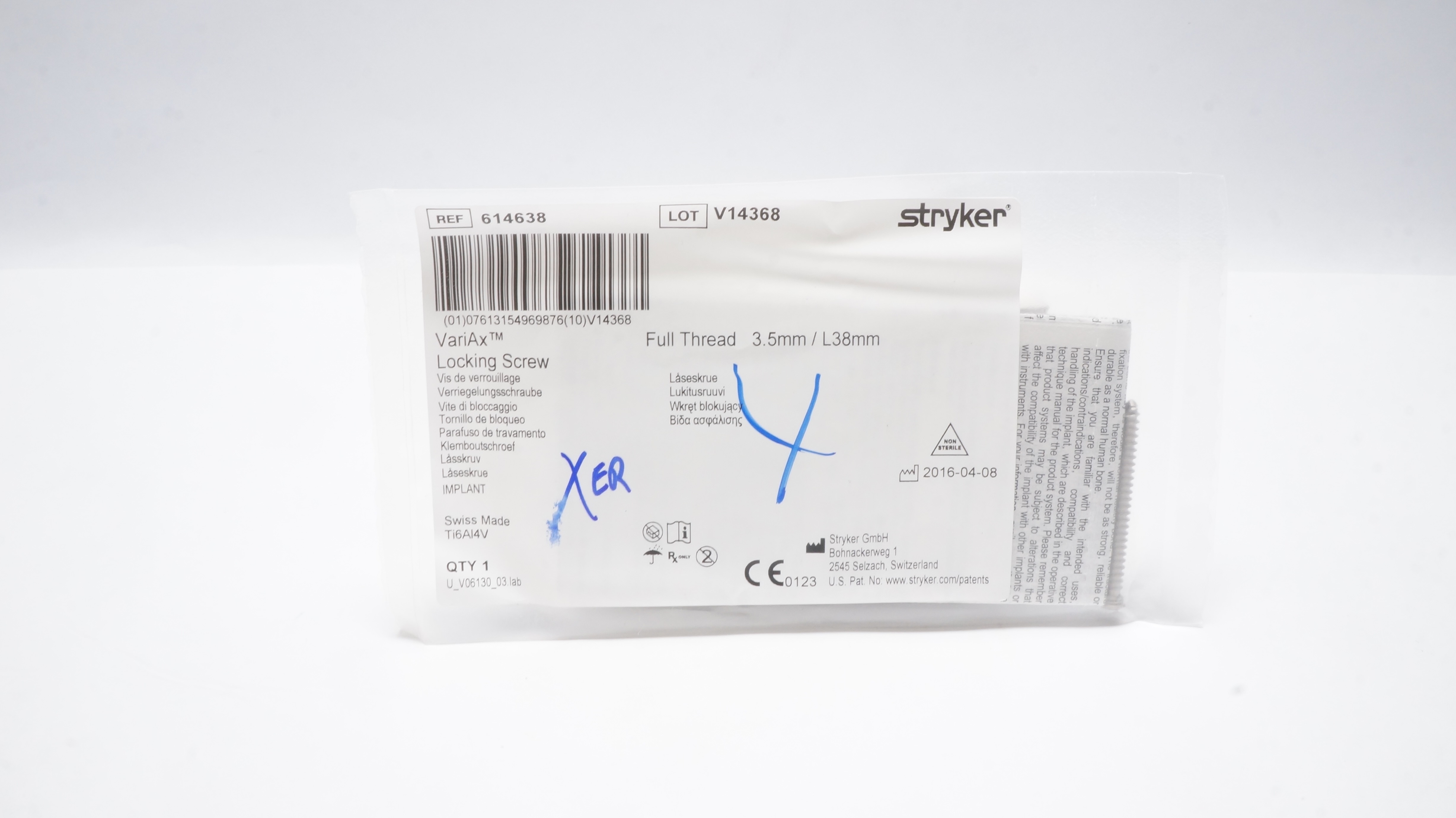 Stryker 614638 VariAx Locking Screw , Full Thread 3.5mm/ L38mm