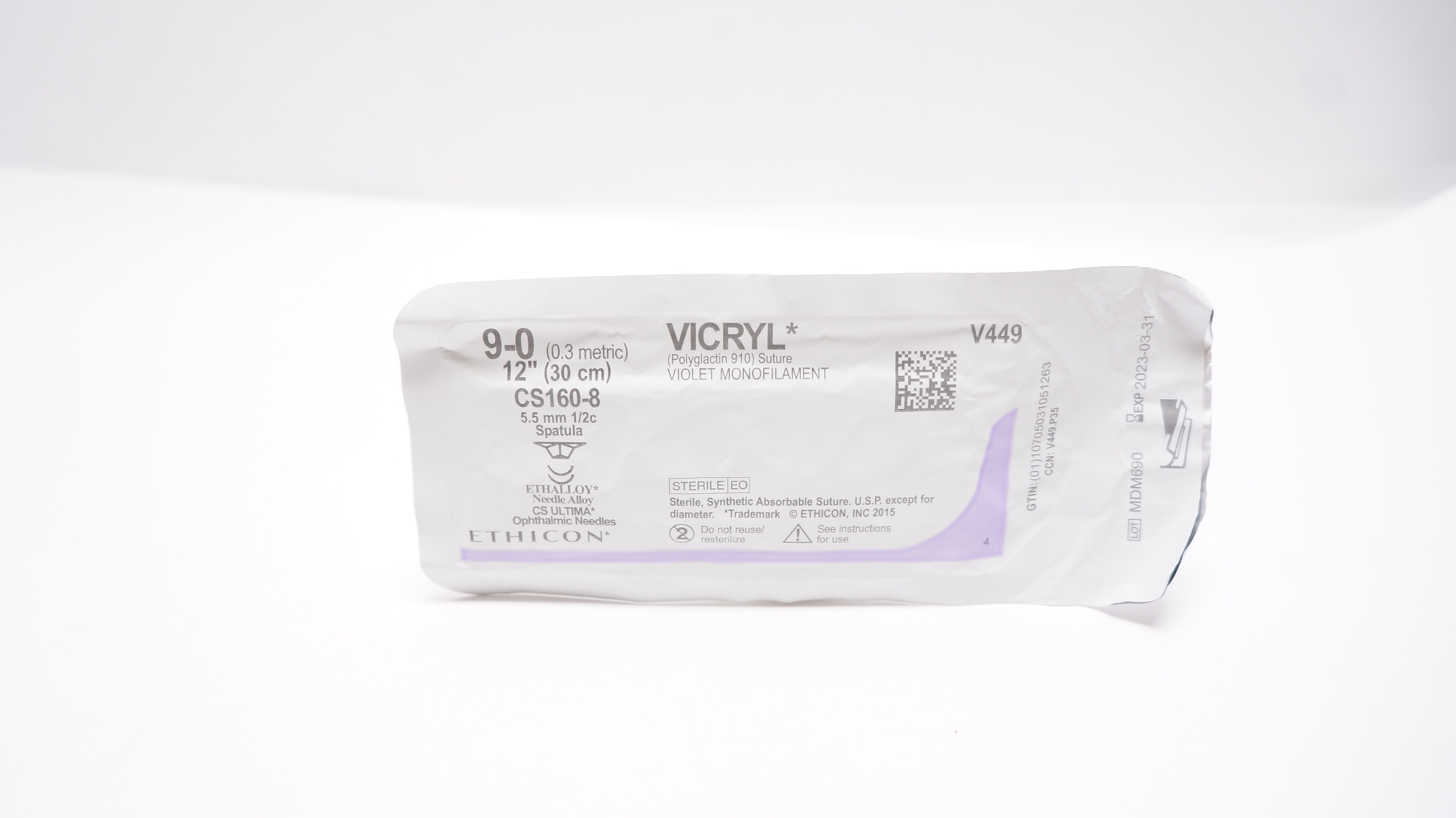 Ethicon V449 9-0 Vicryl Polyglactin Stre CS160-8 5.5mm 1/2c Spatula 12inch (x)
