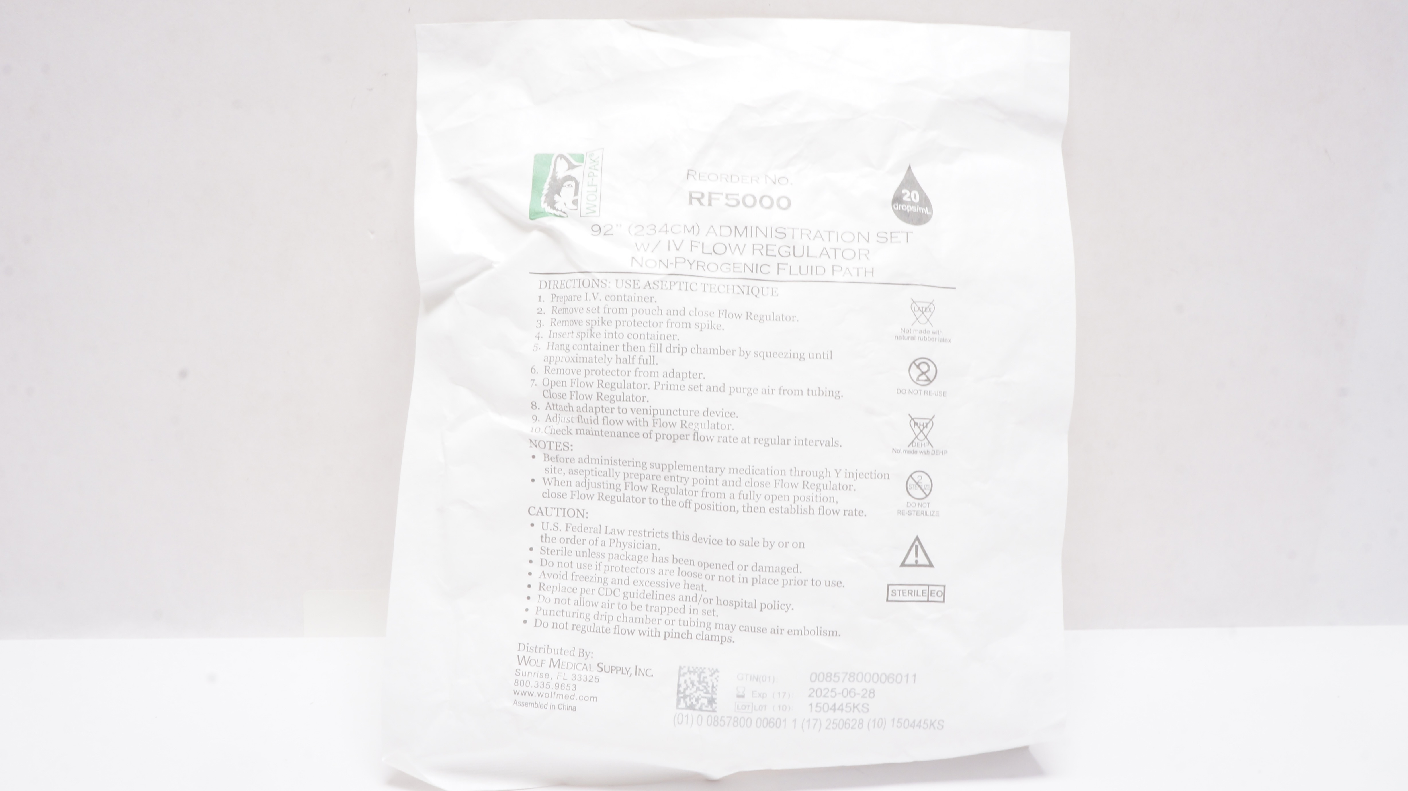 Wolf Medical RF5000 Administration Set w/IV Flow Regulator 92inch 20Drops/mL