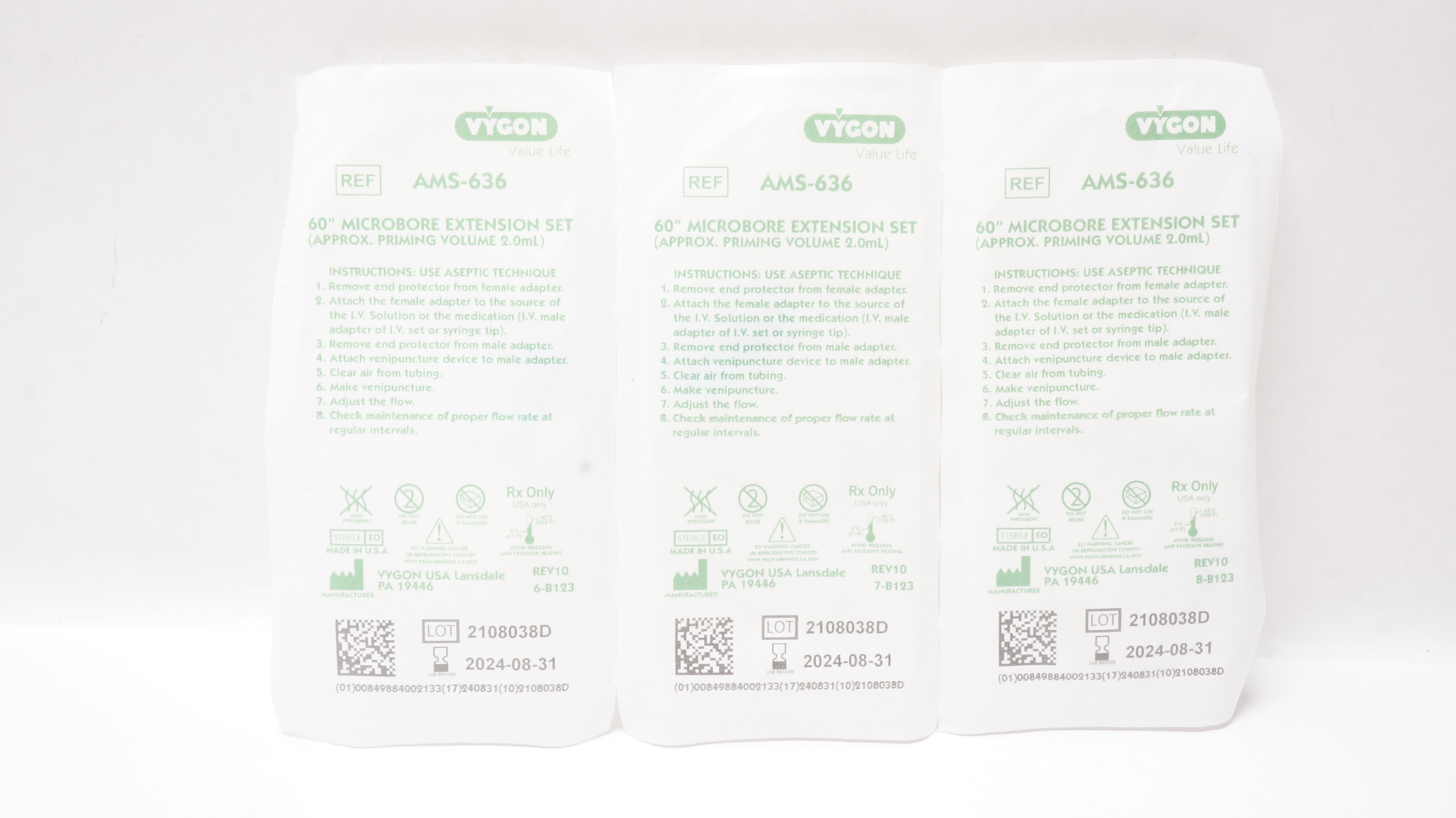 Vygon AMS-636 Microbore Extension Set  Approx. Priming Volume 2.0mlx60in-Packof3