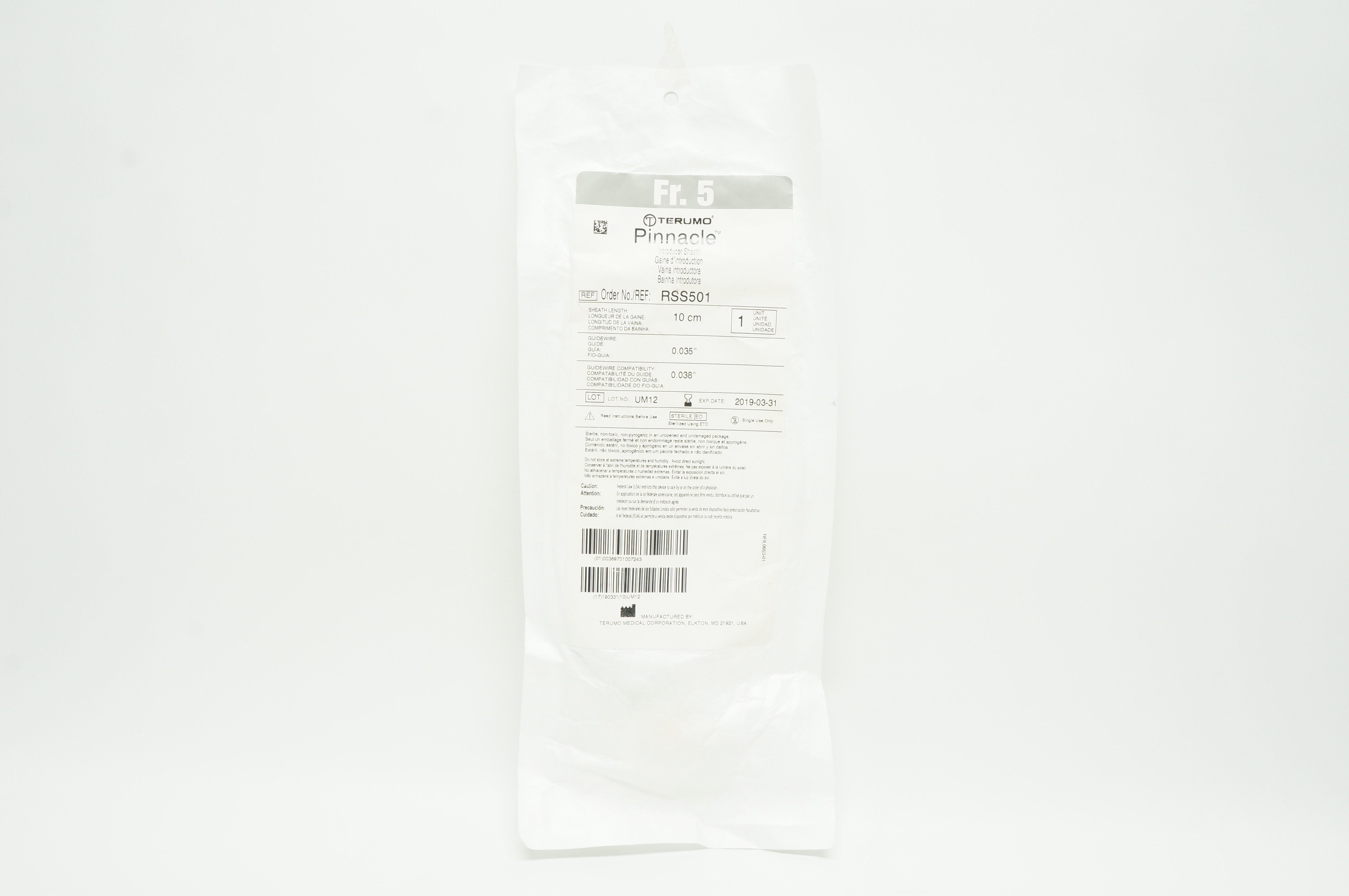 Terumo RSS501 Pinnacle Introducer Sheath 5 Fr. 10cm x 0.035inch x 0.038inch (x)