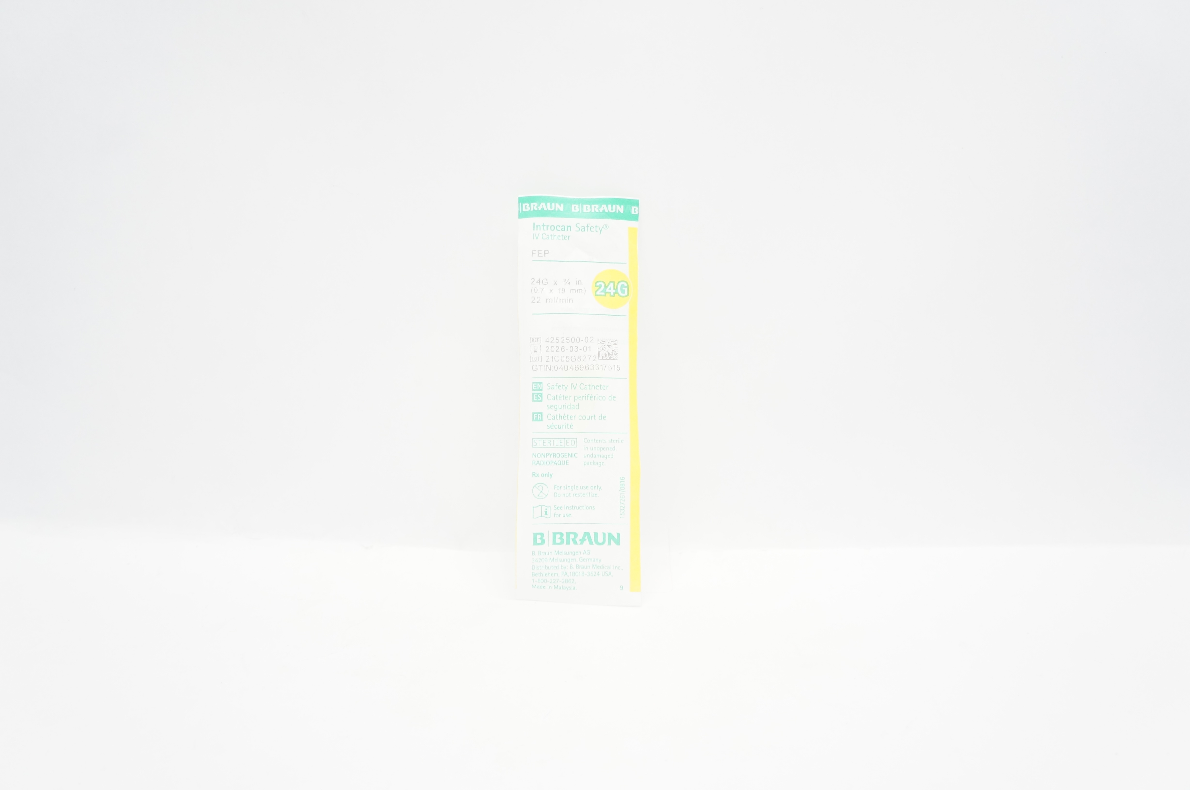 Braun 4252500-02 Introcan Safety IV Cath. 24G x 3/4 inch x 22 mL/min