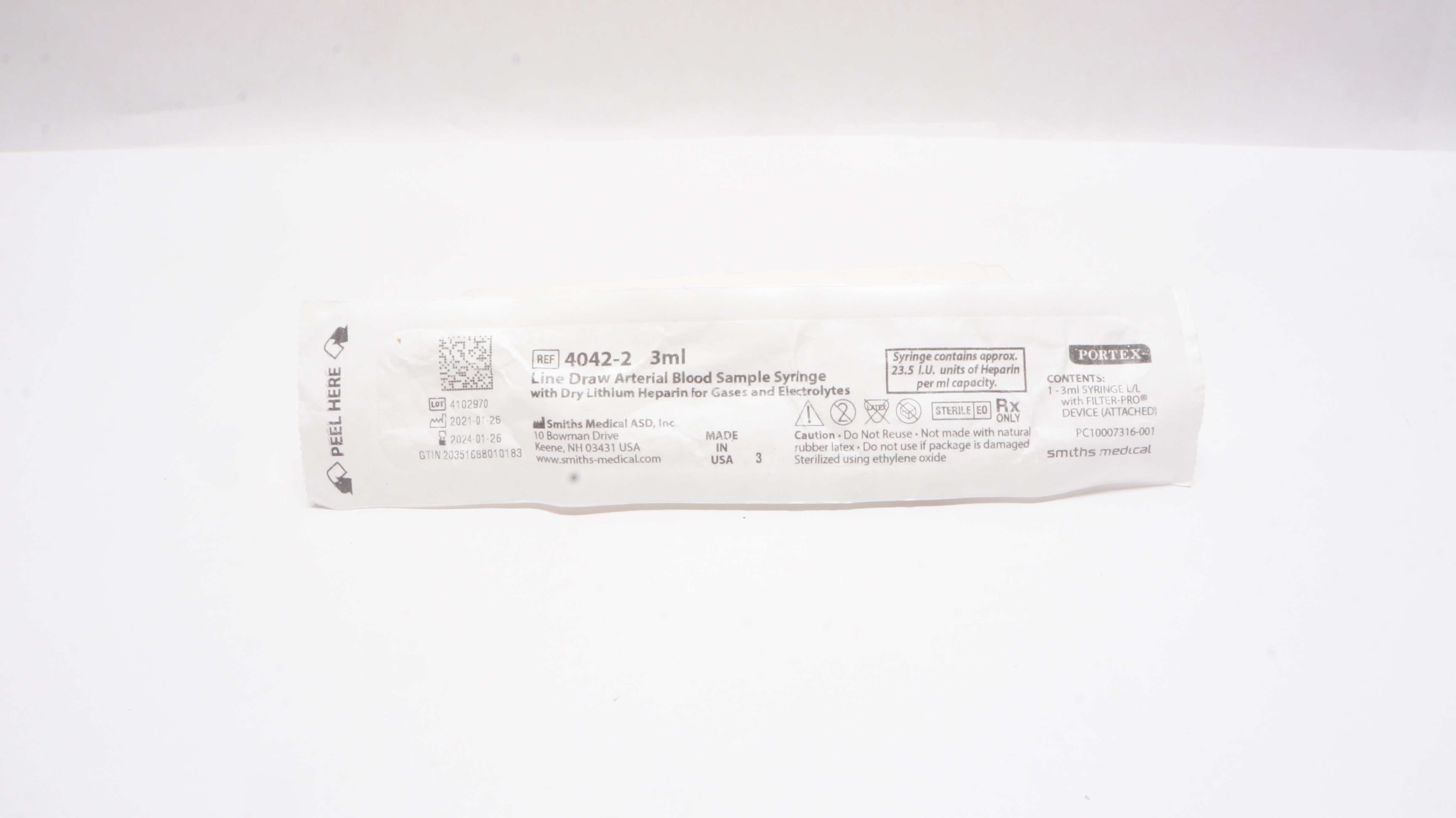 Smiths Medical 4042-2 Portex Line Draw Arterial Blood Sample Syringe, 3ml
